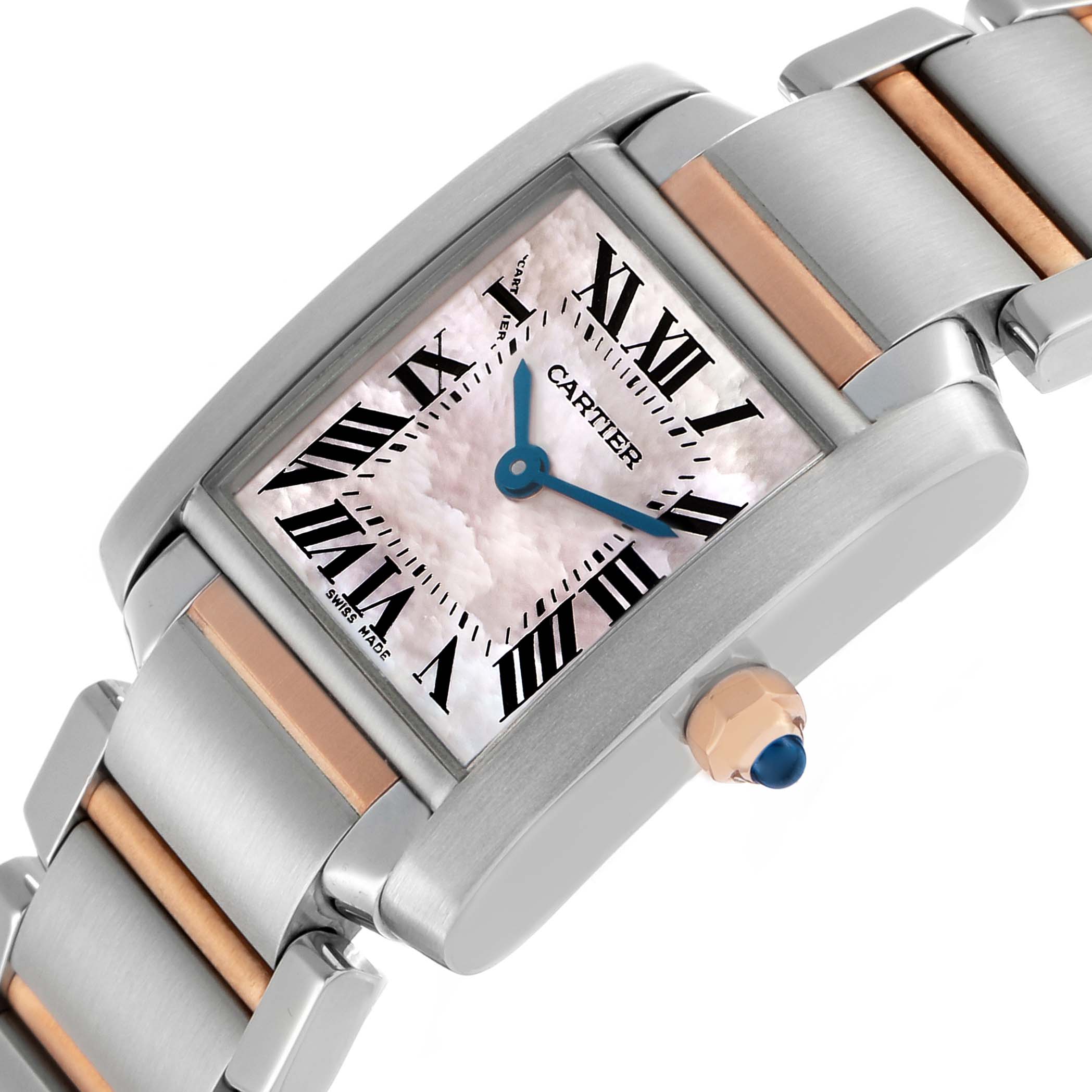 The Cartier Tank Française watch is shown at an angle highlighting its face, bracelet, and octagonal crown with a blue gem.