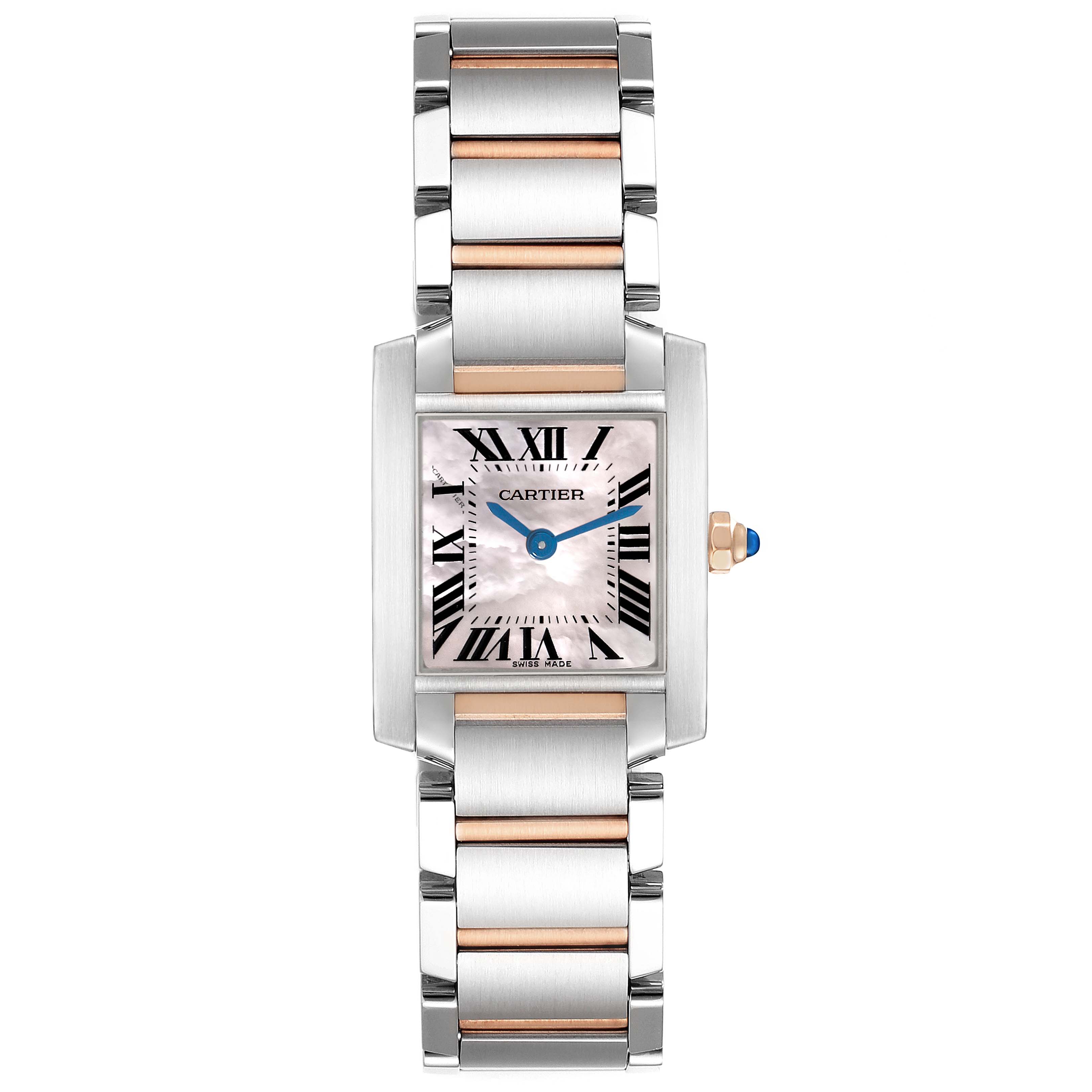 The image shows a Cartier Tank Française watch from a top-down view, highlighting the face, Roman numerals, and metal bracelet.