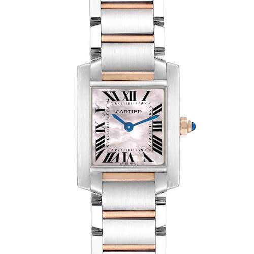 The Cartier Tank Francaise W51027Q4 Women's Steel and Gold (two tone) Mother of Pearl Dial watch is shown from the front, highlighting the dial, Roman numerals, hands, crown, and two-tone bracelet.