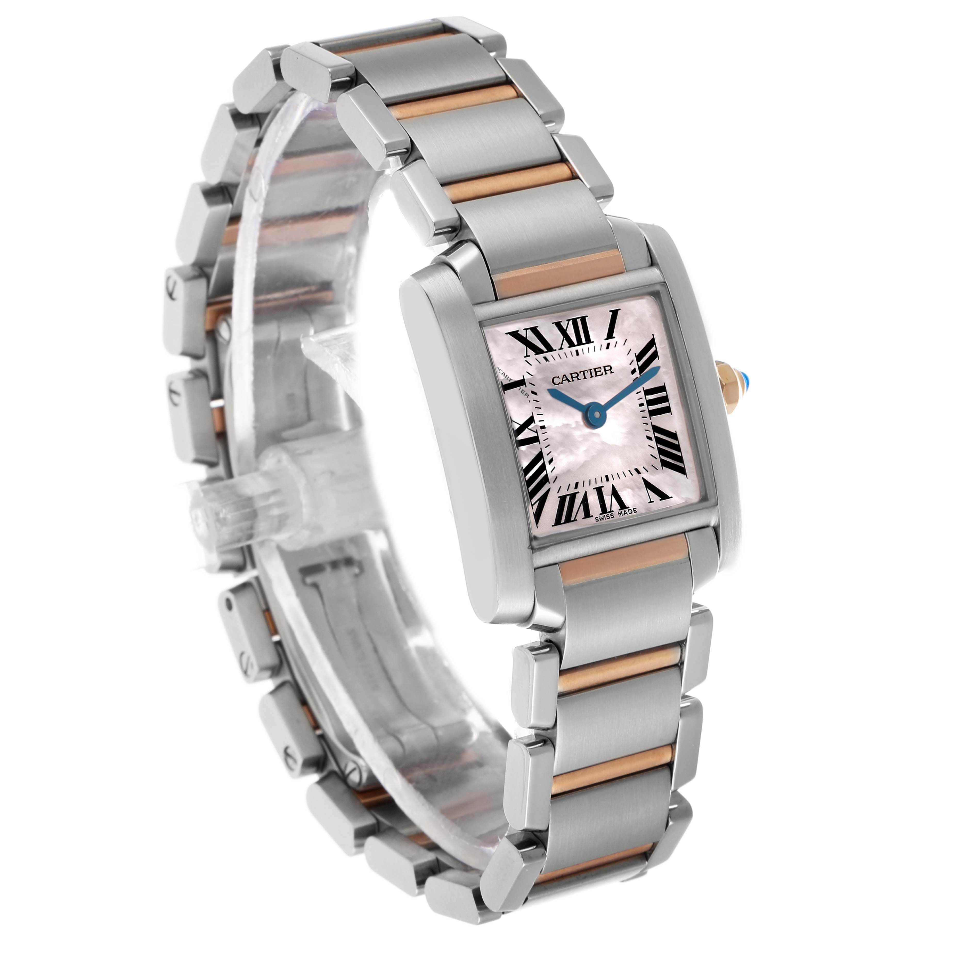 The Cartier Tank Française watch is shown at a slight angle, displaying the face, side, and bracelet.