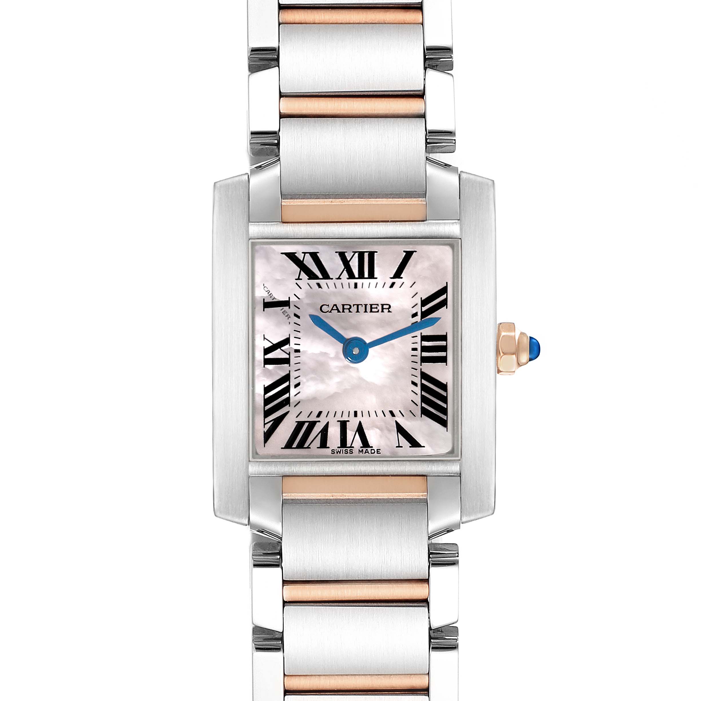 The Cartier Tank Francaise W51027Q4 Women's Steel and Gold (two tone) Mother of Pearl Dial watch is shown from a front angle, highlighting the face, case, and bracelet.