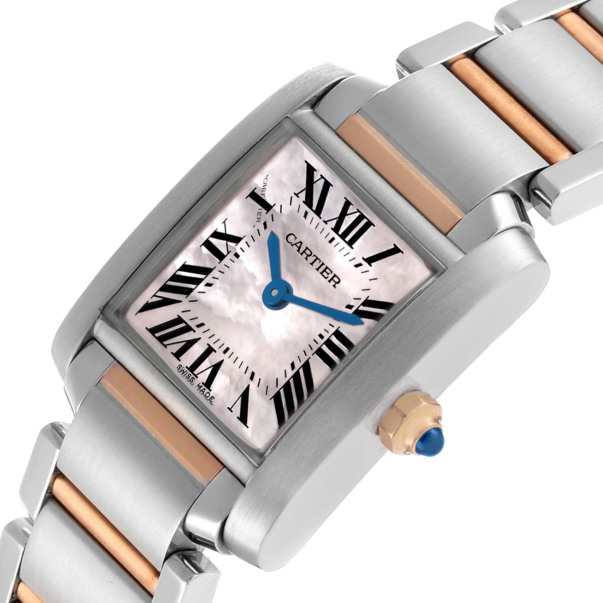 The Cartier Tank Francaise W51027Q4 Women's Steel and Gold (two tone) Mother of Pearl Dial watch is shown at an angle highlighting the face, bezel, mixed metal bracelet, and blue crown.