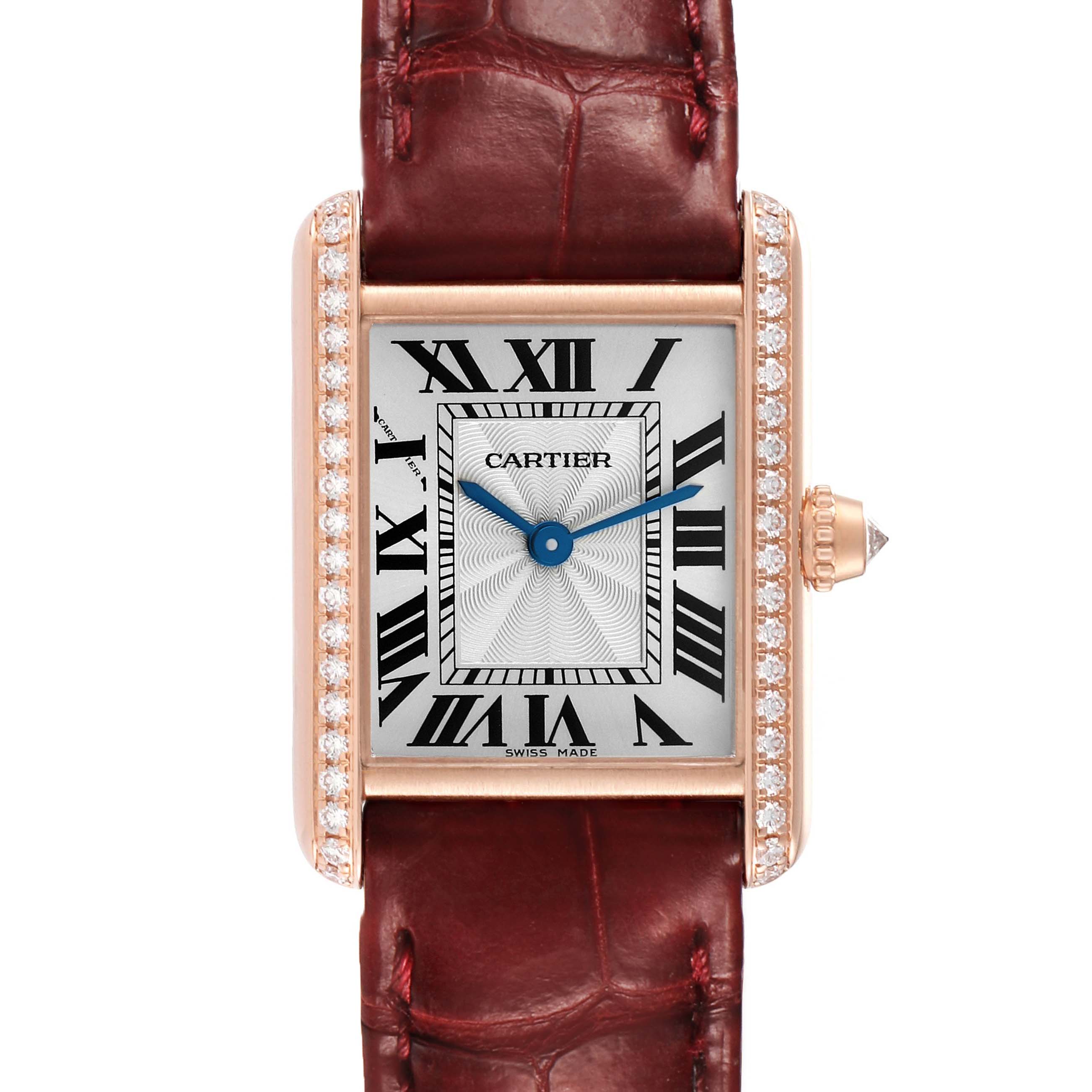 The Cartier Tank Louis WJTA0010 Women's Rose Gold Silver Dial watch is shown from the front, highlighting its rectangular face, Roman numerals, and diamond-set bezel.