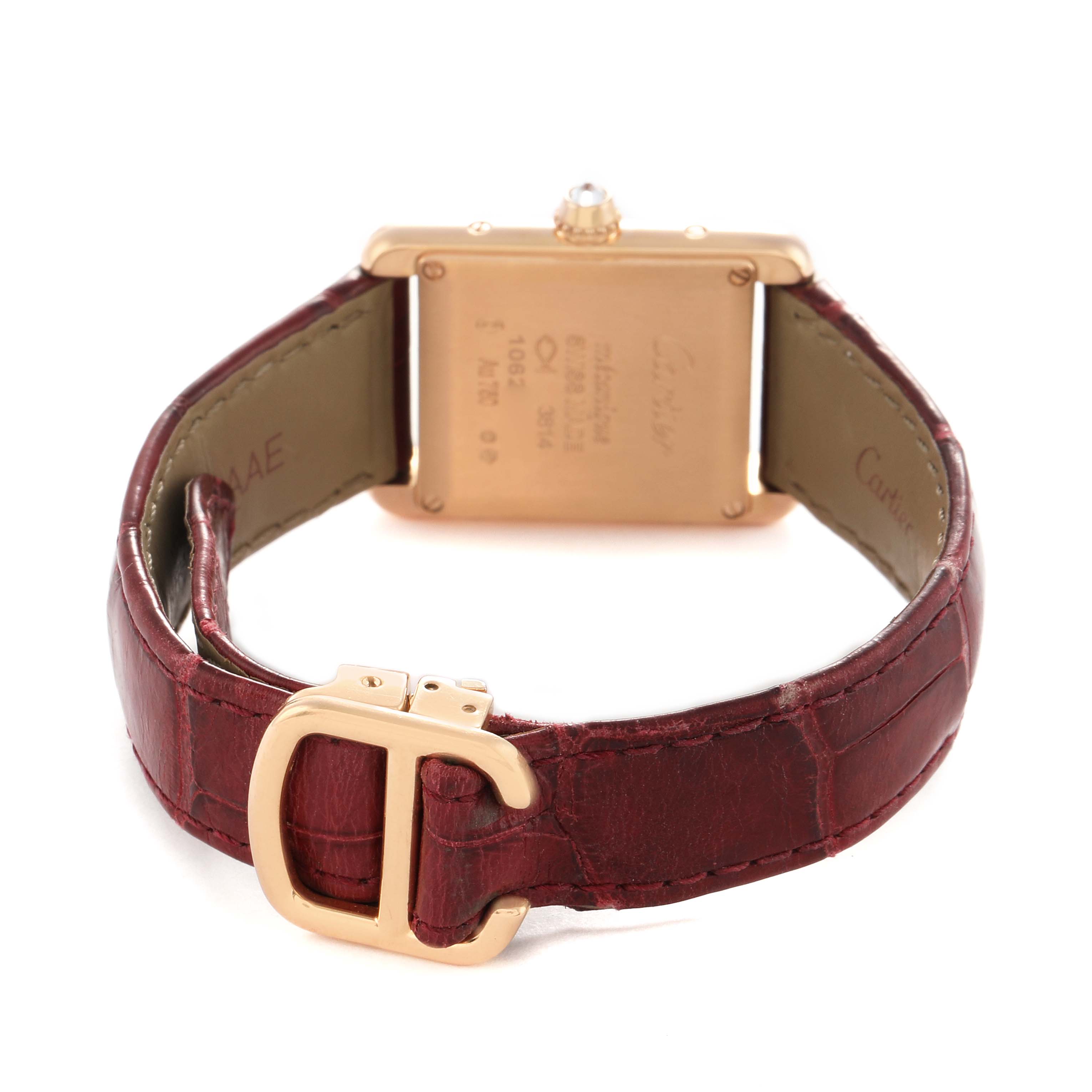 The image shows the back view of a Cartier Tank Louis WJTA0010 Women's Rose Gold Silver Dial watch, highlighting the case, strap, and buckle.