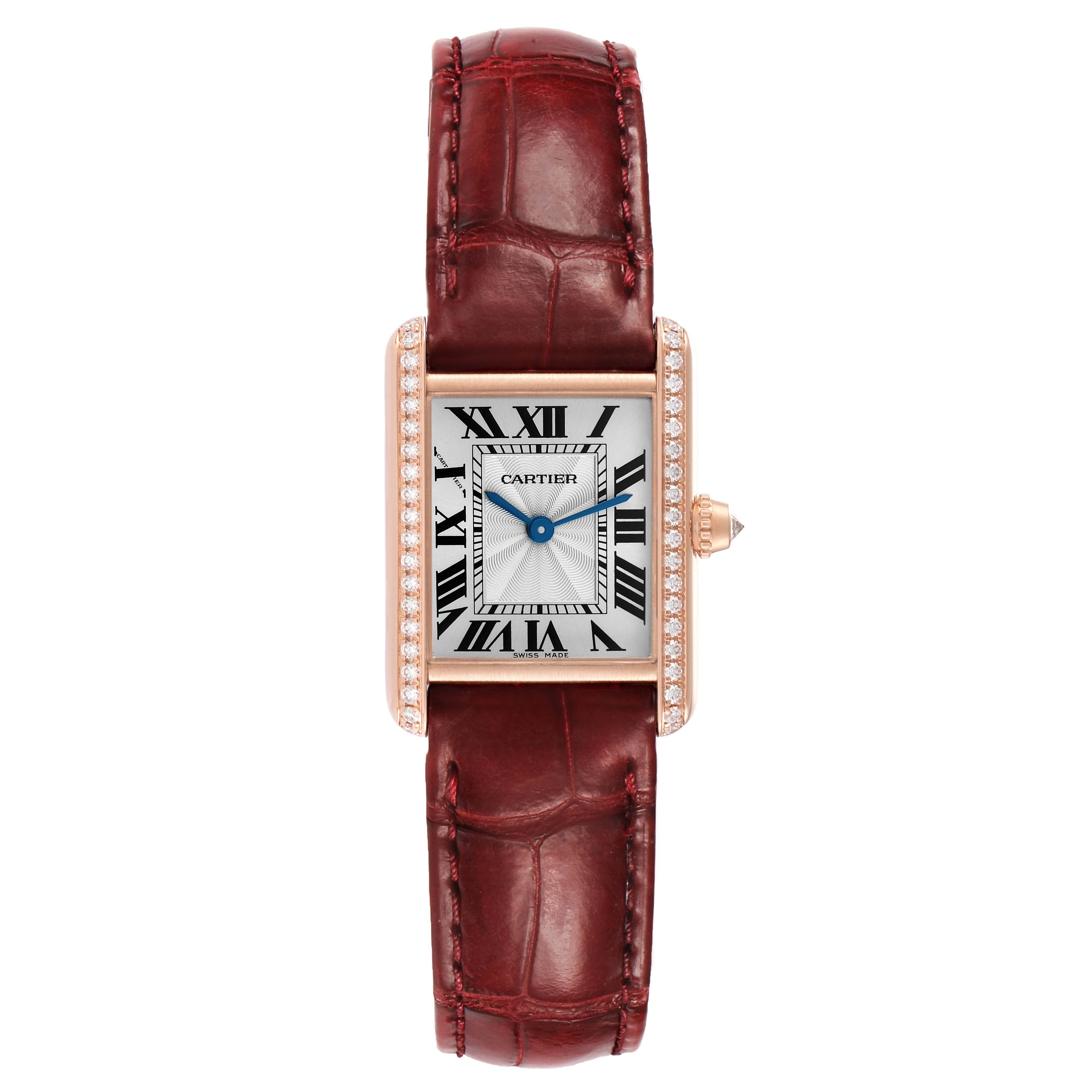 The Cartier Tank Louis WJTA0010 Women's Rose Gold Silver Dial watch is shown from the front, displaying its rectangular face, Roman numerals, and diamond-lined edges.
