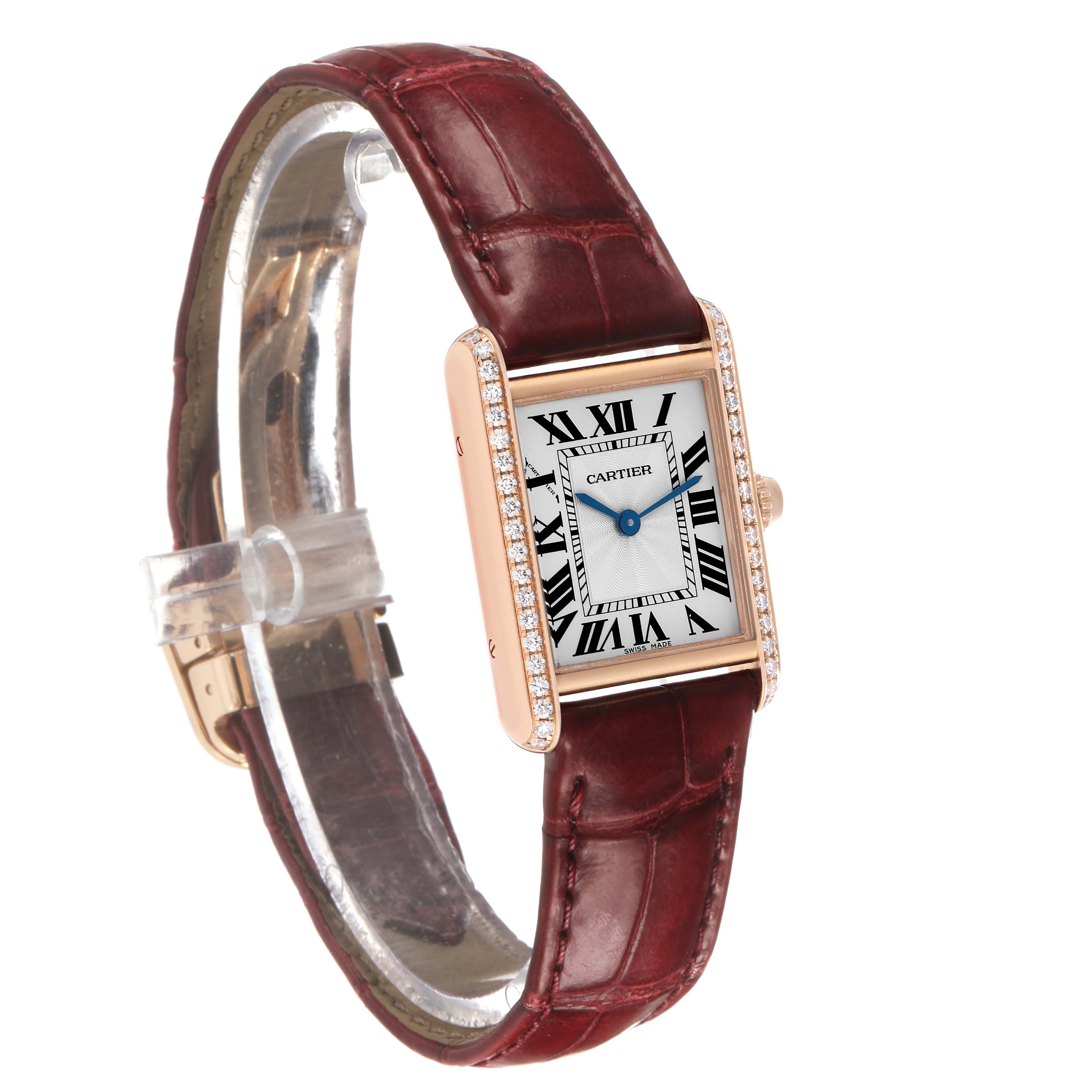 The Cartier Tank Louis WJTA0010 Women's Rose Gold Silver Dial watch is shown at a front-right angle, highlighting the face, bezel, and leather strap.