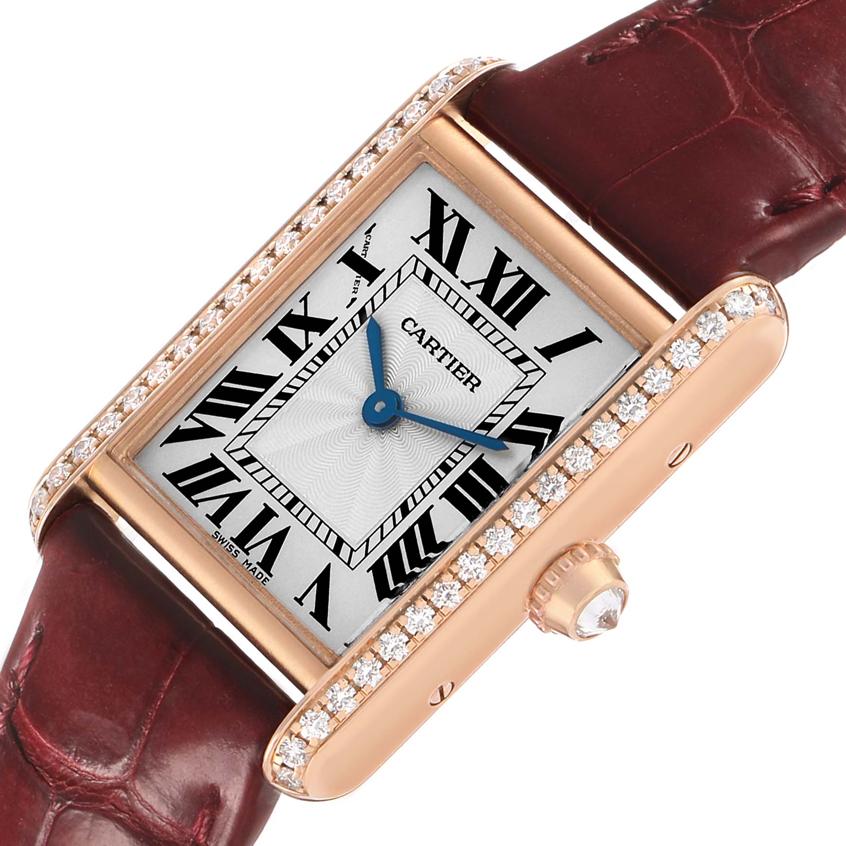 The Cartier Tank Louis WJTA0010 Women's Rose Gold Silver Dial watch is shown at an angled close-up, highlighting its rectangular face, Roman numerals, and diamond-set case.