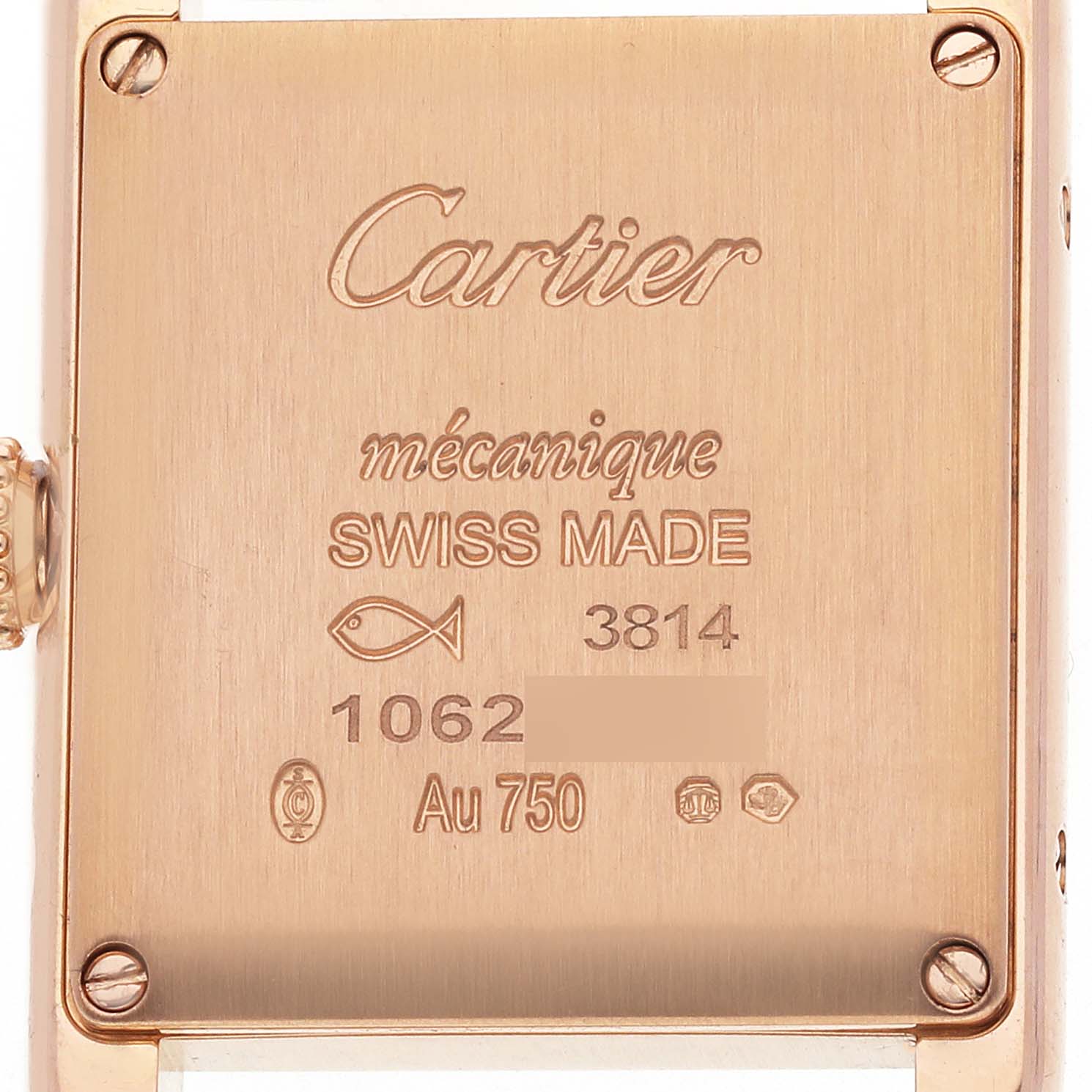 The image shows the back case of a Cartier Tank Louis WJTA0010 Women's Rose Gold Silver Dial watch, highlighting engravings and hallmarks.