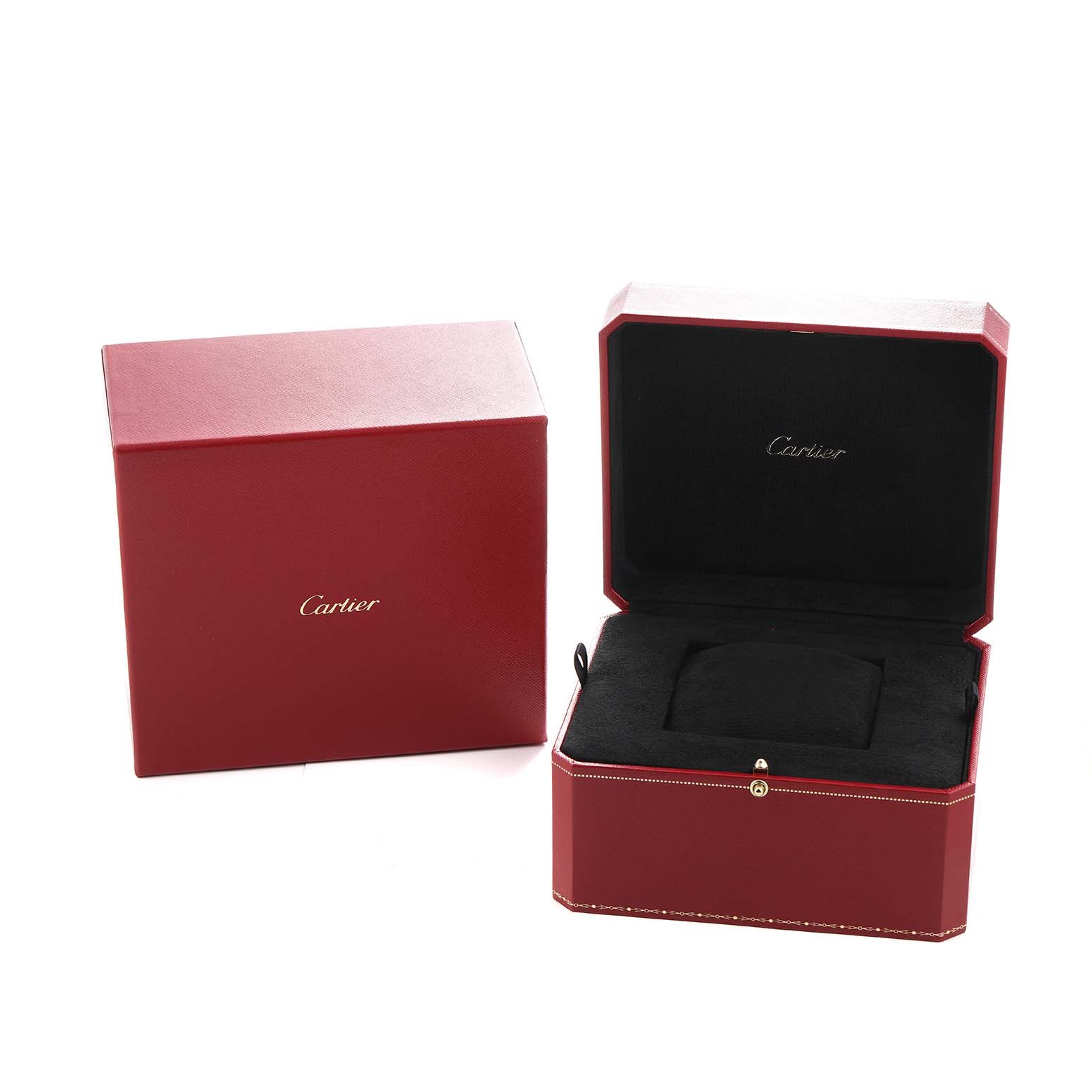 The image shows the Cartier Tank Louis WJTA0010 Women's Rose Gold Silver Dial watch box and packaging from a front angle, featuring the closed and open box.