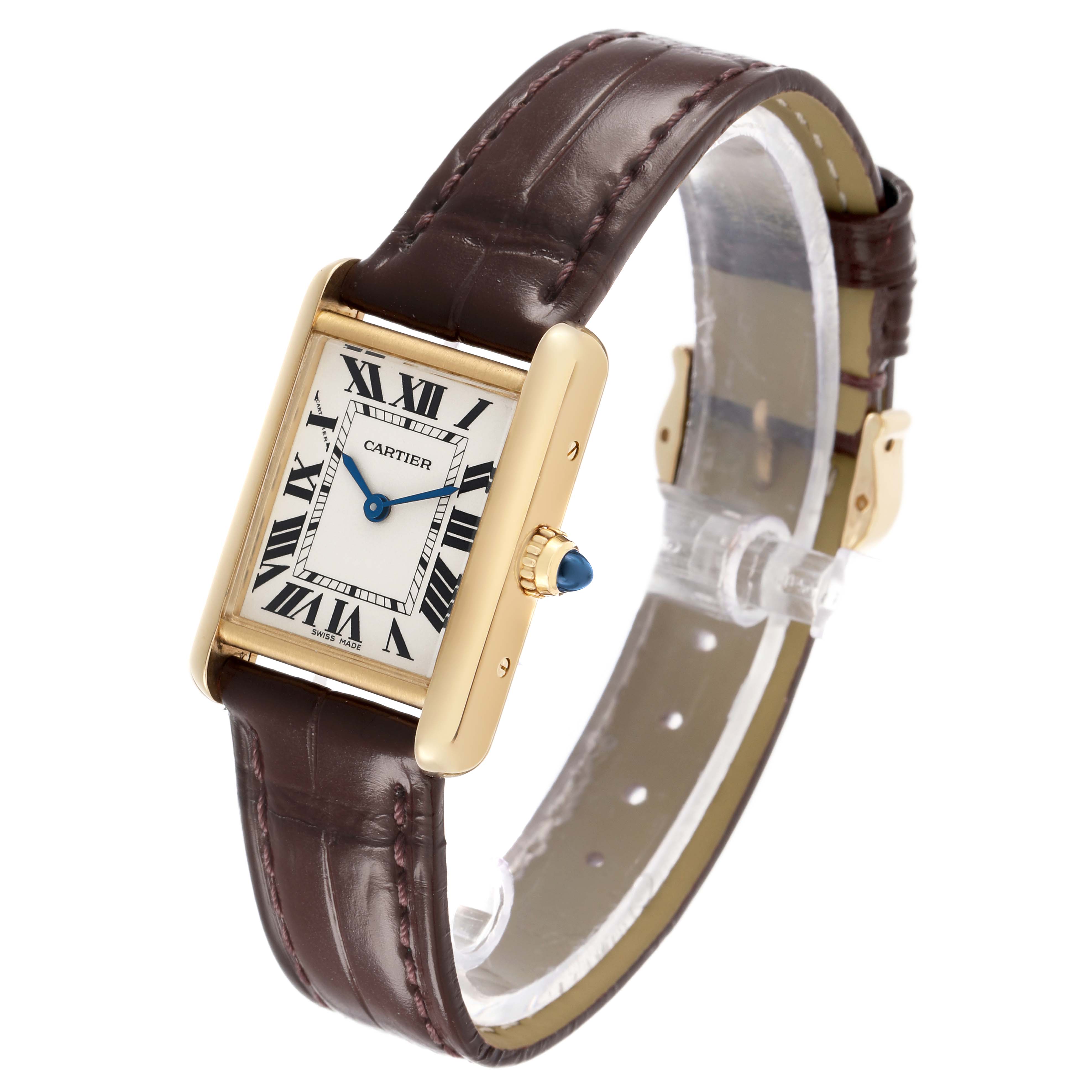The Cartier Tank Louis W1529856 Women's Yellow Gold Silver Dial watch is shown at an angle highlighting the face, crown, and brown leather strap.