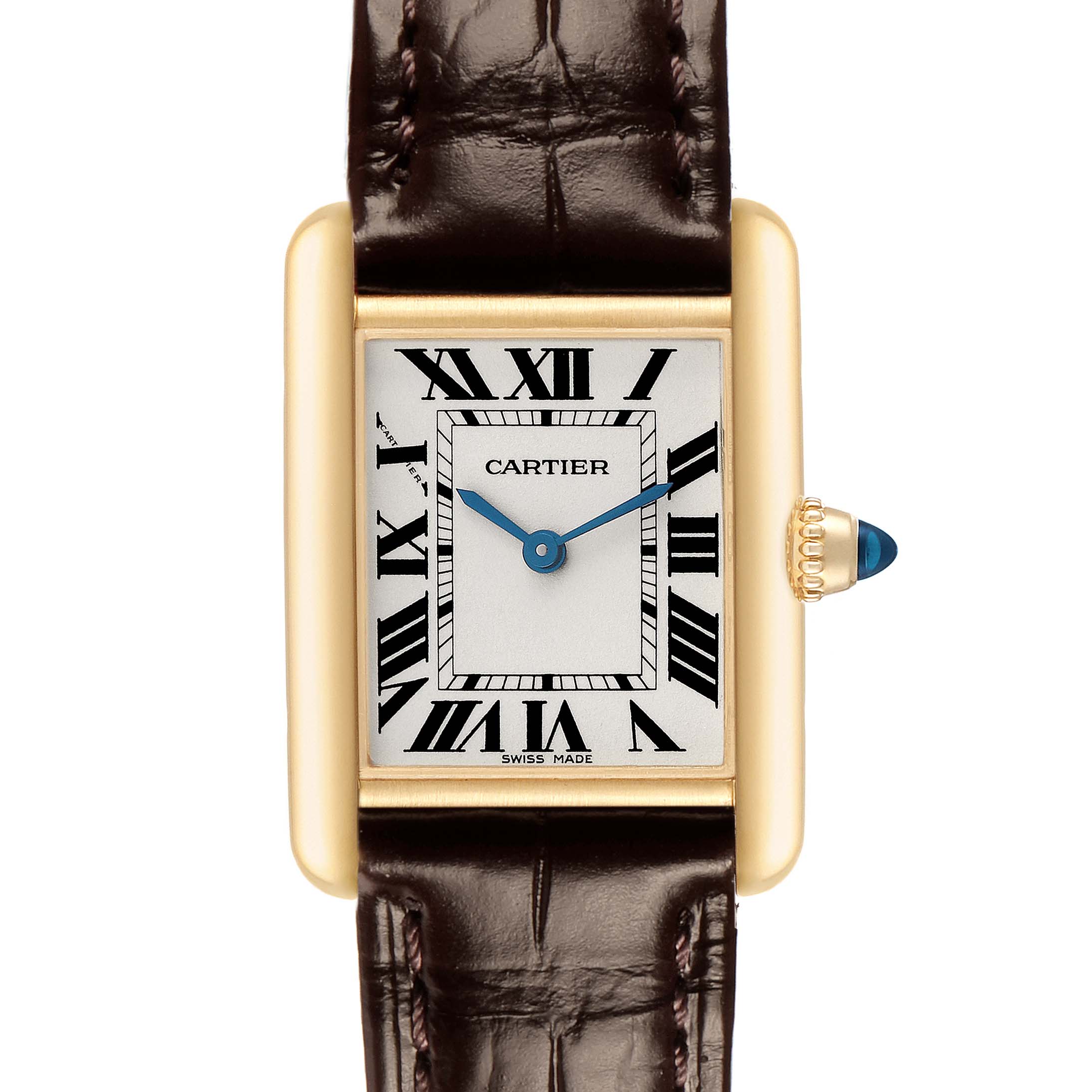 The Cartier Tank Louis W1529856 Women's Yellow Gold Silver Dial watch is shown from a front angle, highlighting its rectangular dial, Roman numerals, and leather strap.