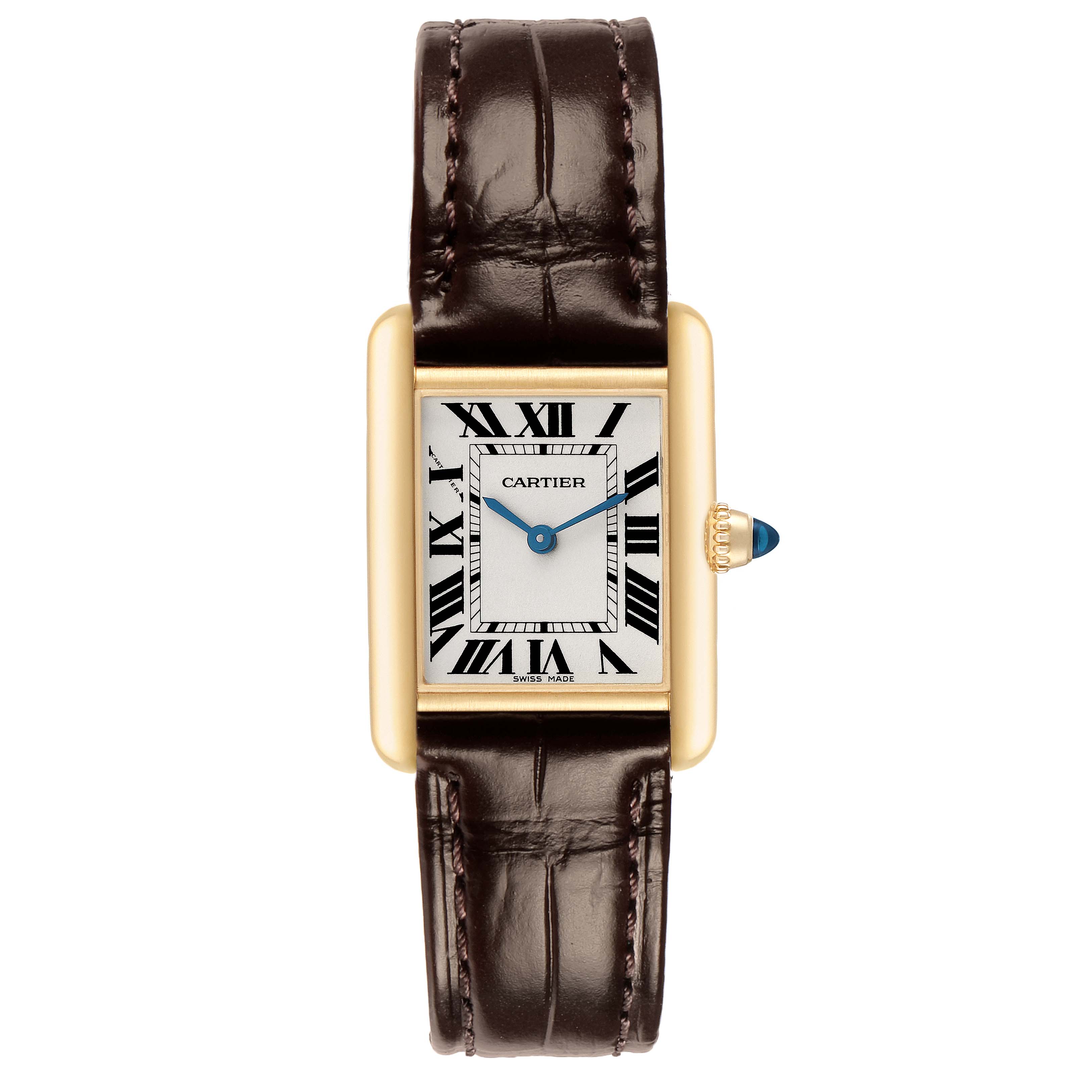 The Cartier Tank Louis W1529856 Women's Yellow Gold Silver Dial watch is shown from a front angle, featuring its rectangular dial, Roman numerals, leather strap, and blue-tipped crown.