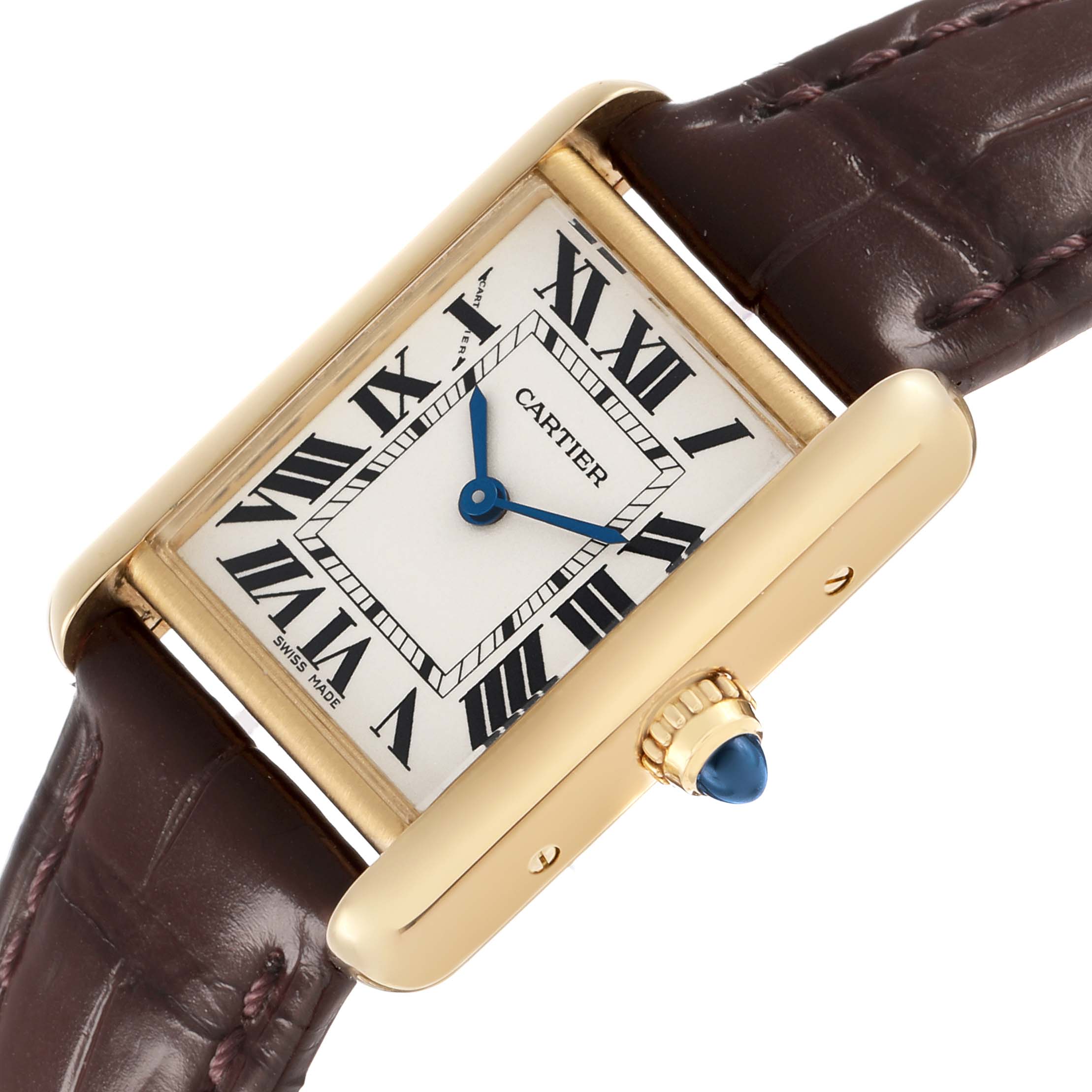 The Cartier Tank Louis W1529856 Women's Yellow Gold Silver Dial watch is shown at a slight angle, highlighting the face, Roman numerals, gold case, and blue crown.