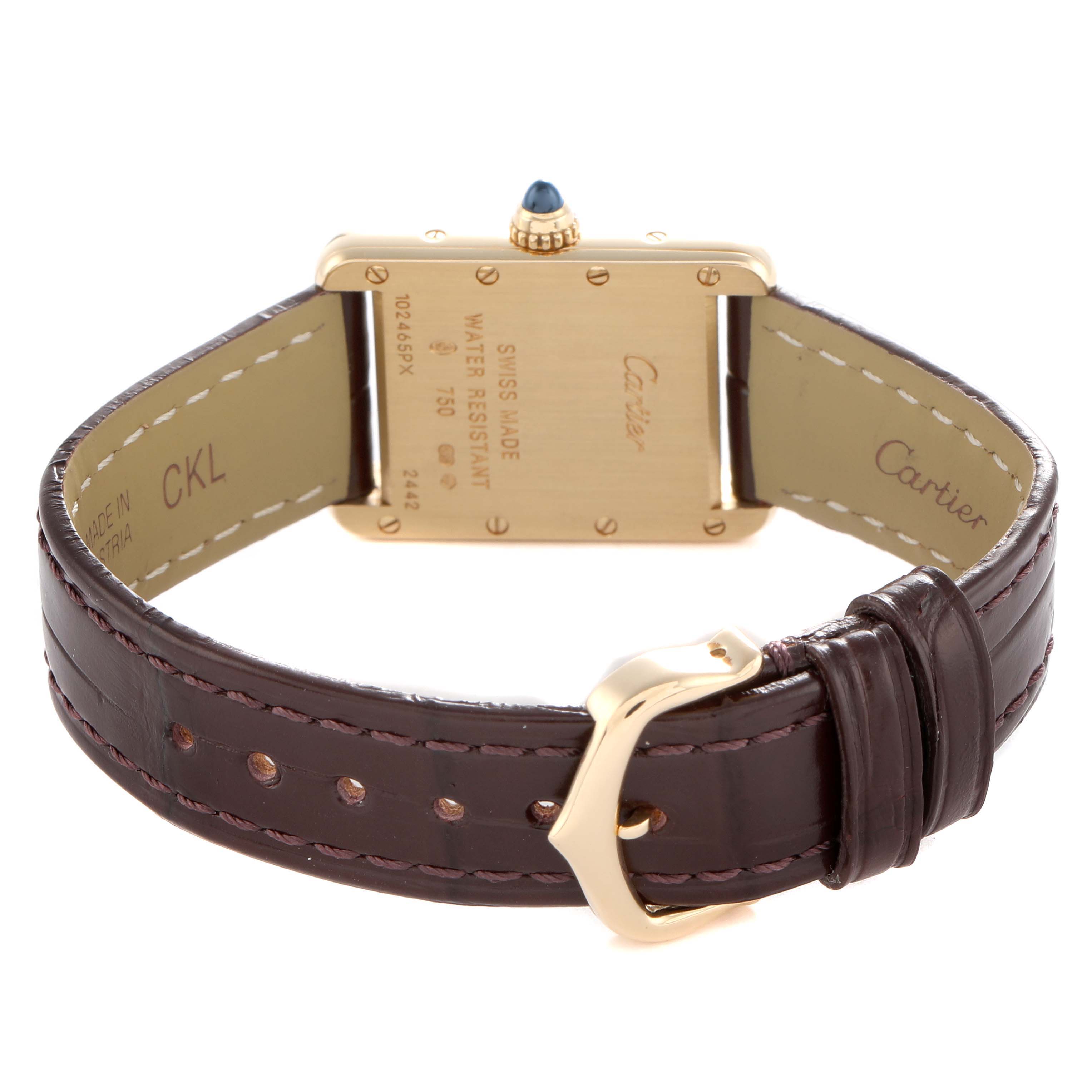 The image shows the back view of a Cartier Tank Louis W1529856 Women's Yellow Gold Silver Dial watch with its strap and buckle visible.