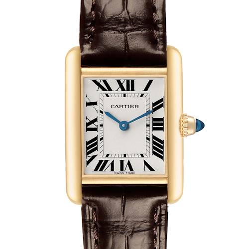 The Cartier Tank Louis W1529856 Women's Yellow Gold Silver Dial watch is shown from the front with a gold case, brown leather strap, and blue hands.