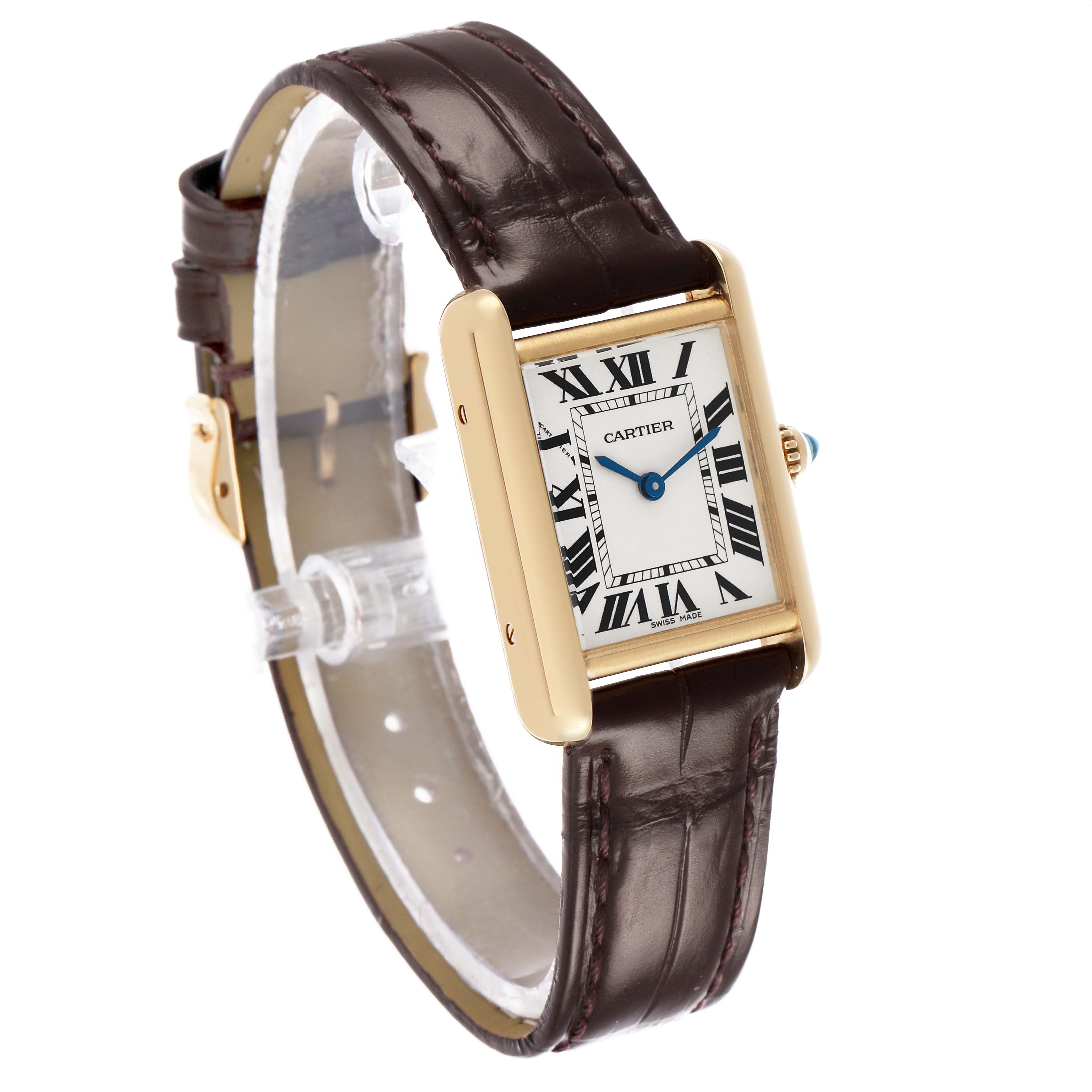 The Cartier Tank Louis W1529856 Women's Yellow Gold Silver Dial watch is shown at a slight angle, displaying the rectangular face, brown leather strap, and gold case.