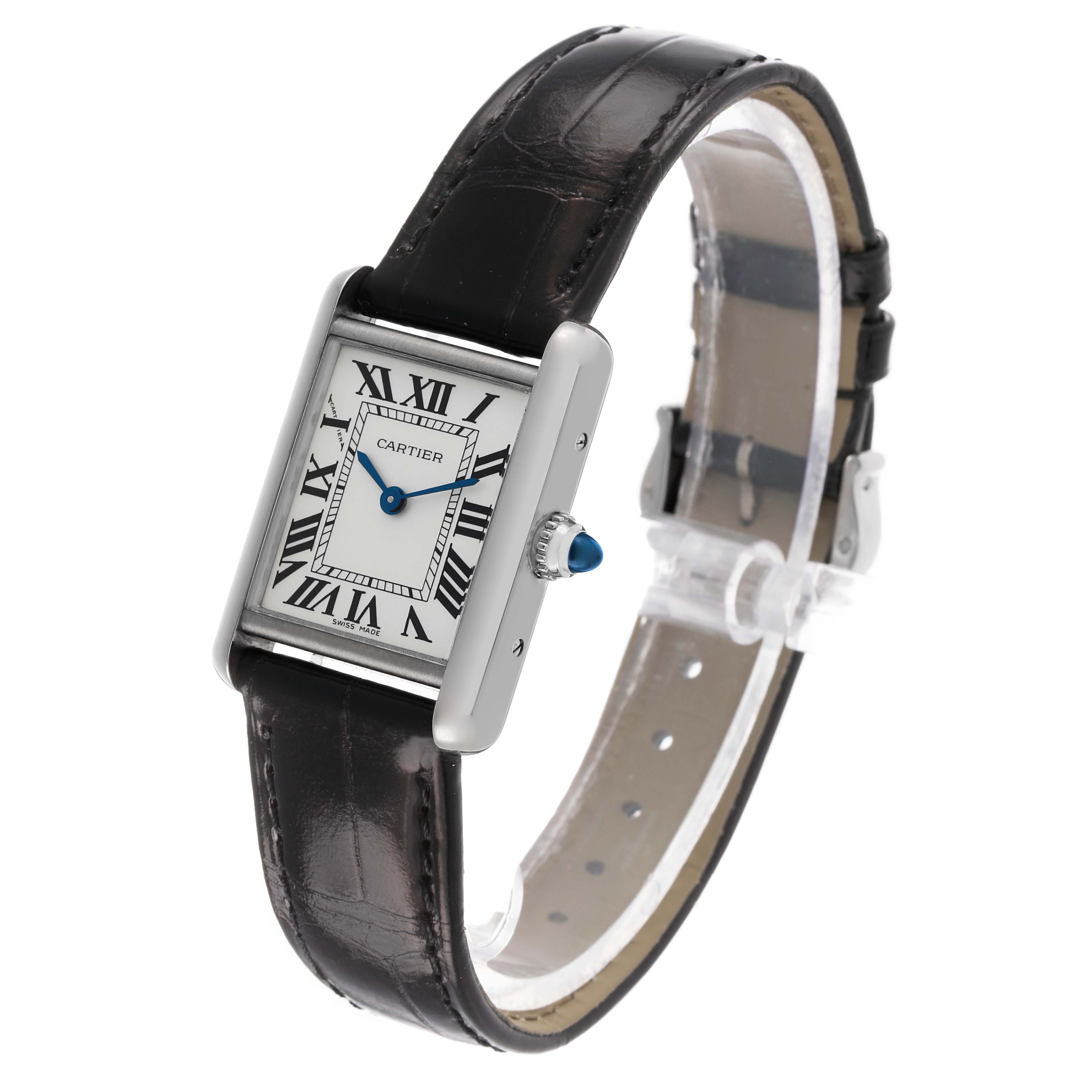 The Cartier Tank Louis W1541056 Women's White Gold Silver Dial watch is shown from an angled top view, highlighting its rectangular face, Roman numerals, and leather strap.