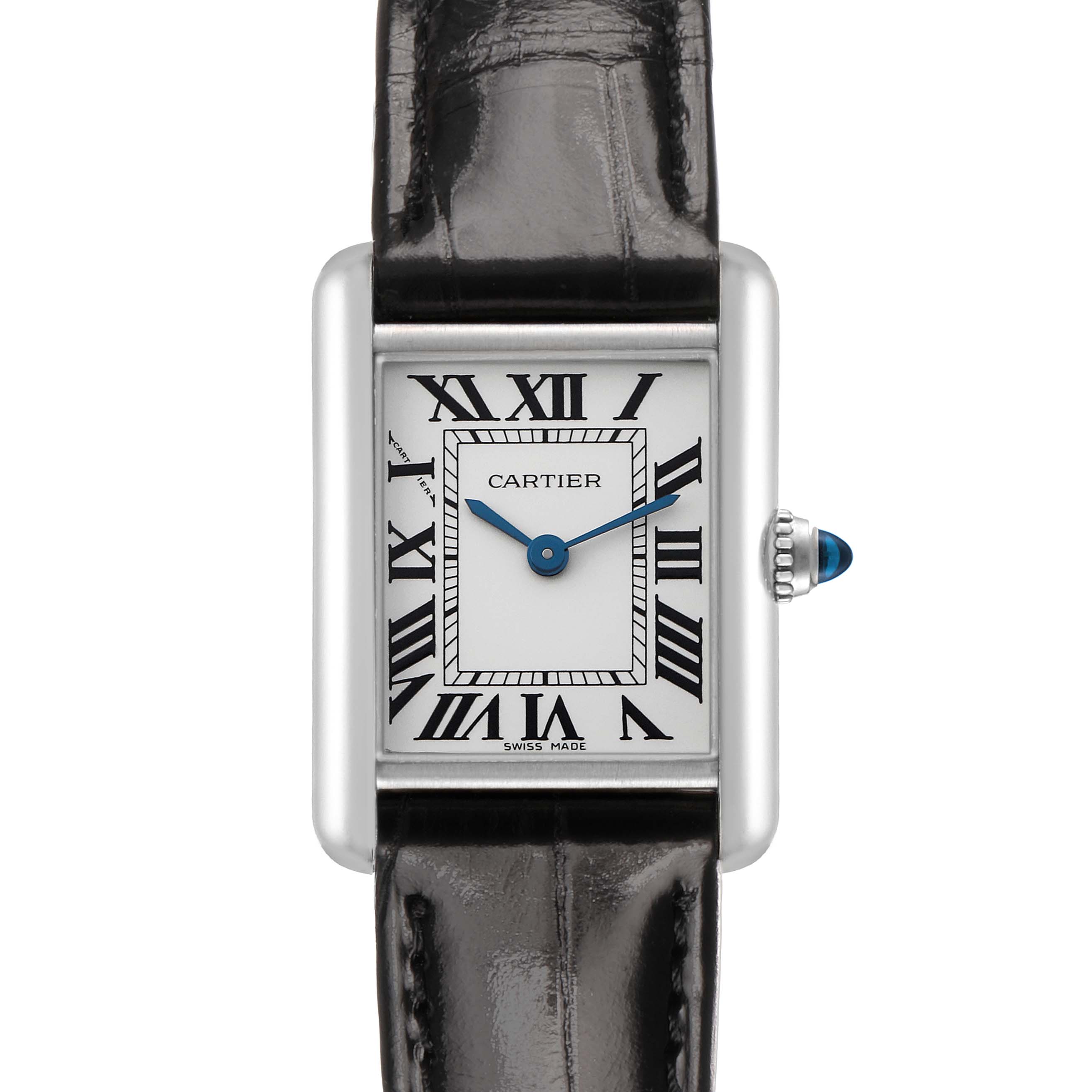 The Cartier Tank Louis W1541056 Women's White Gold Silver Dial watch is shown from a front view, highlighting the dial, Roman numerals, case, and leather strap.
