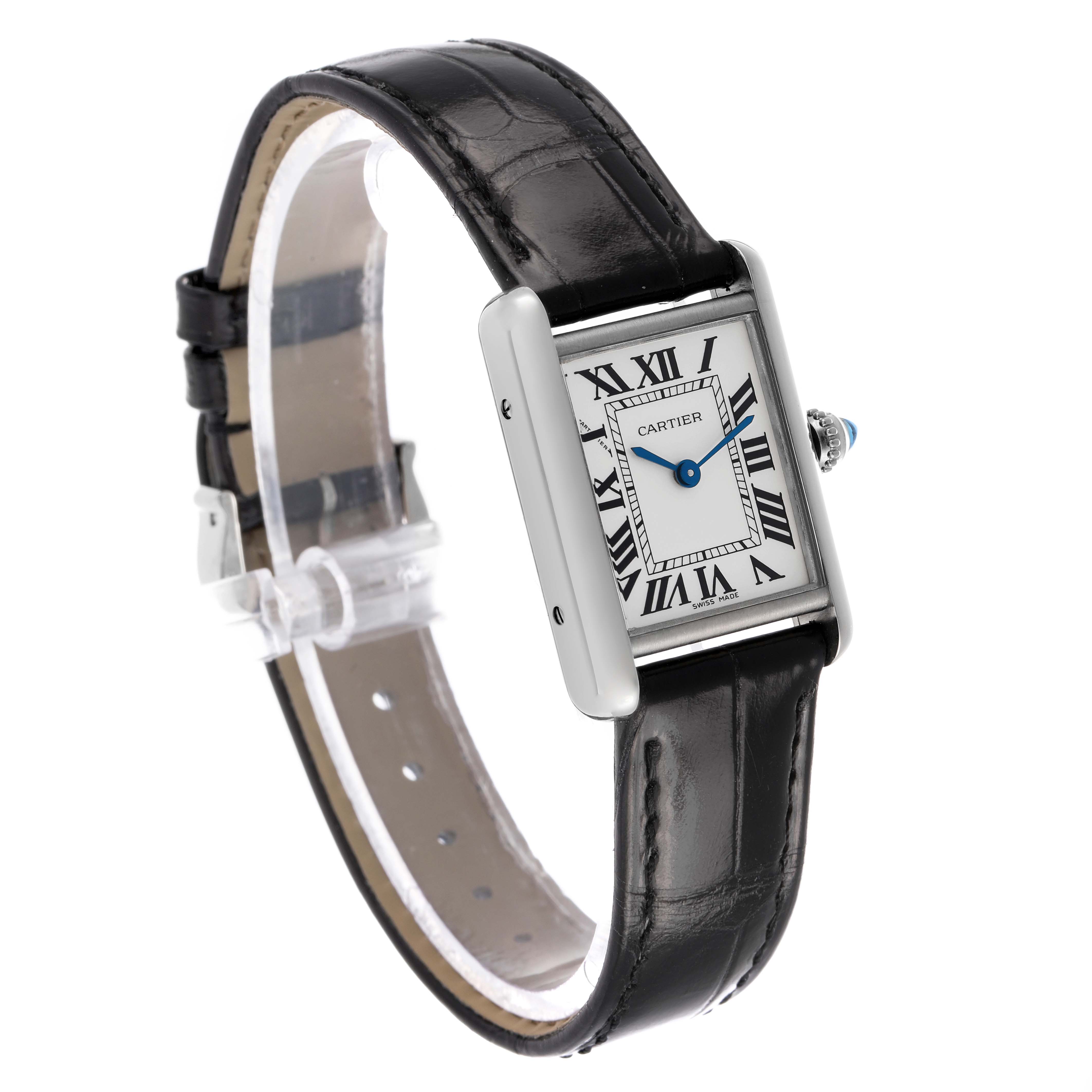 The Cartier Tank Louis W1541056 Women's White Gold Silver Dial watch is shown at a three-quarter angle, displaying the face, side, and black leather strap.