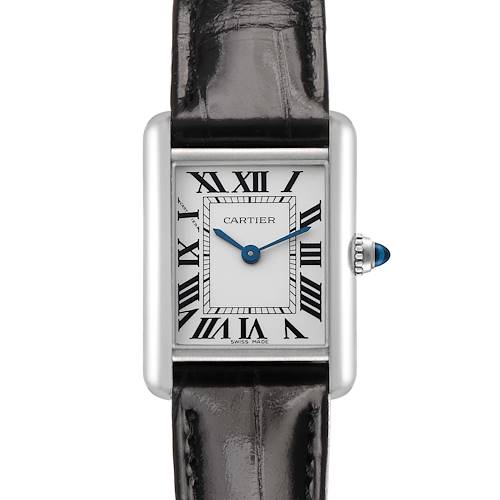 The Cartier Tank Louis W1541056 Women's White Gold Silver Dial watch is shown from a straight-on angle, displaying the face, Roman numerals, and leather strap.