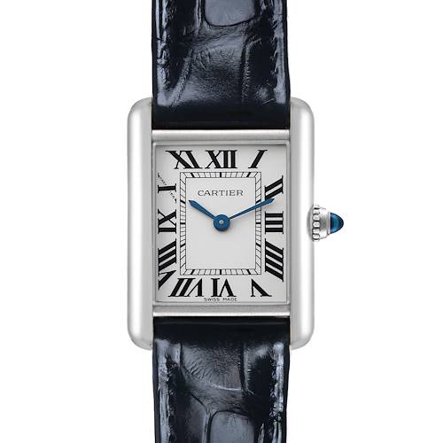 The Cartier Tank Louis W1541056 Women's White Gold Silver Dial watch is shown front-on, highlighting the dial, Roman numerals, blue hands, and beaded crown with sapphire.