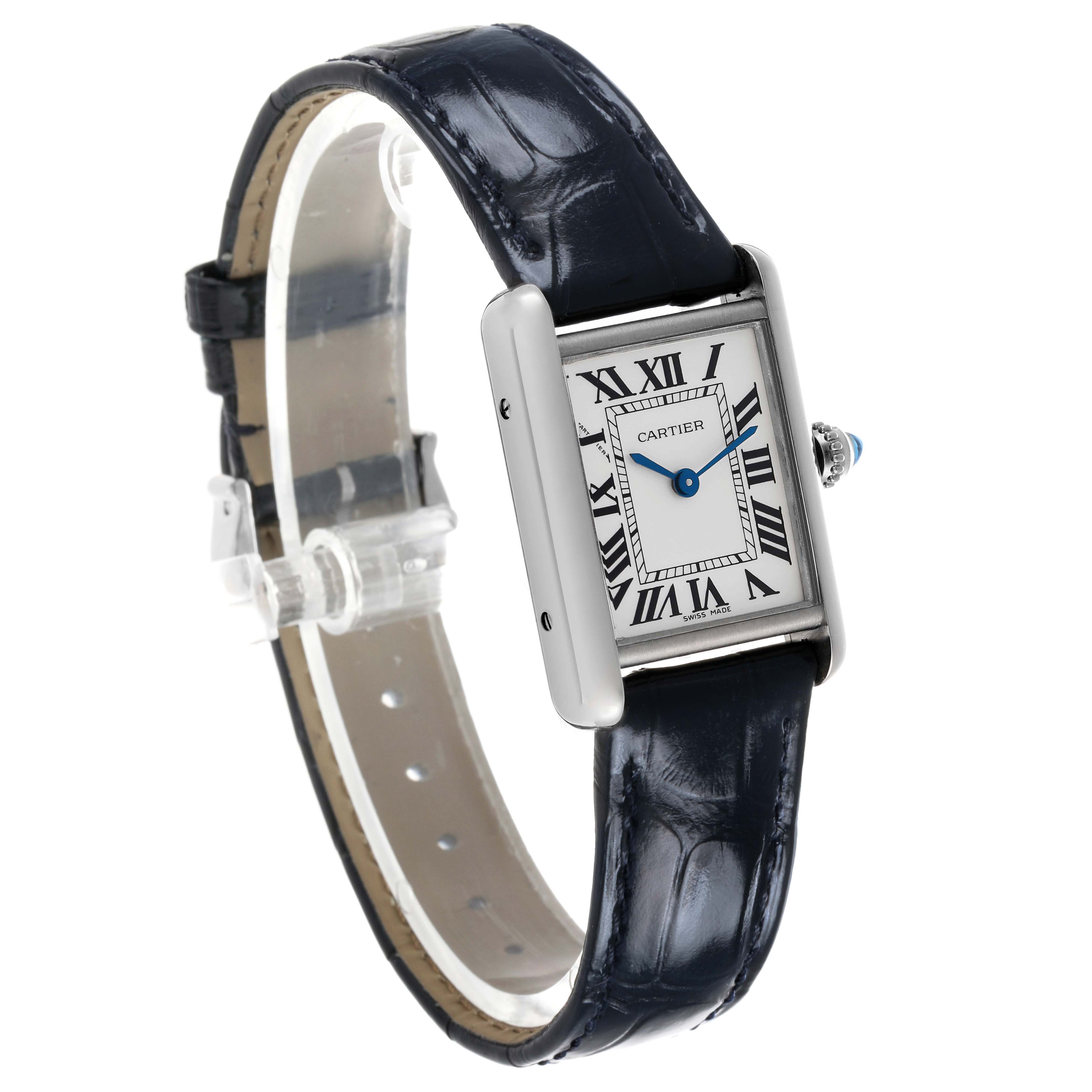 The Cartier Tank Louis W1541056 Women's White Gold Silver Dial watch is shown at a slight angle, highlighting the face, crown, and leather strap.