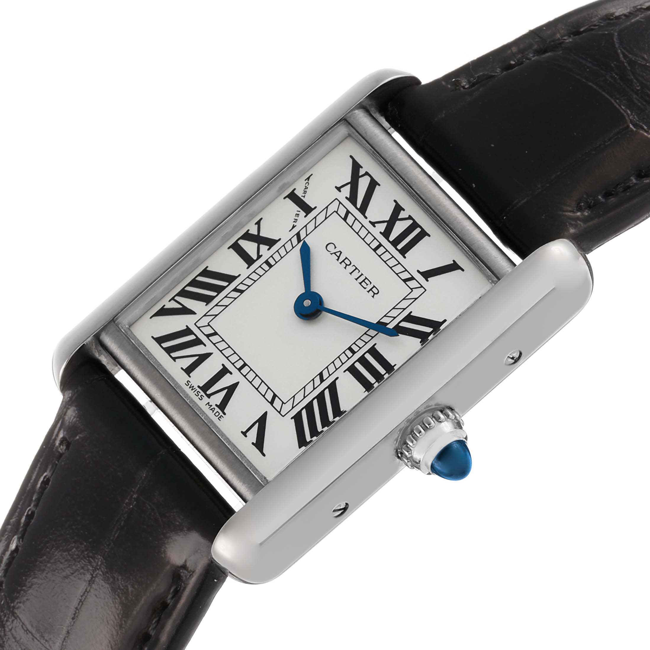The Cartier Tank Louis W1541056 Women's White Gold Silver Dial watch is shown at an angle featuring the dial, Roman numerals, and distinctive blue hands, with a side view of the crown.