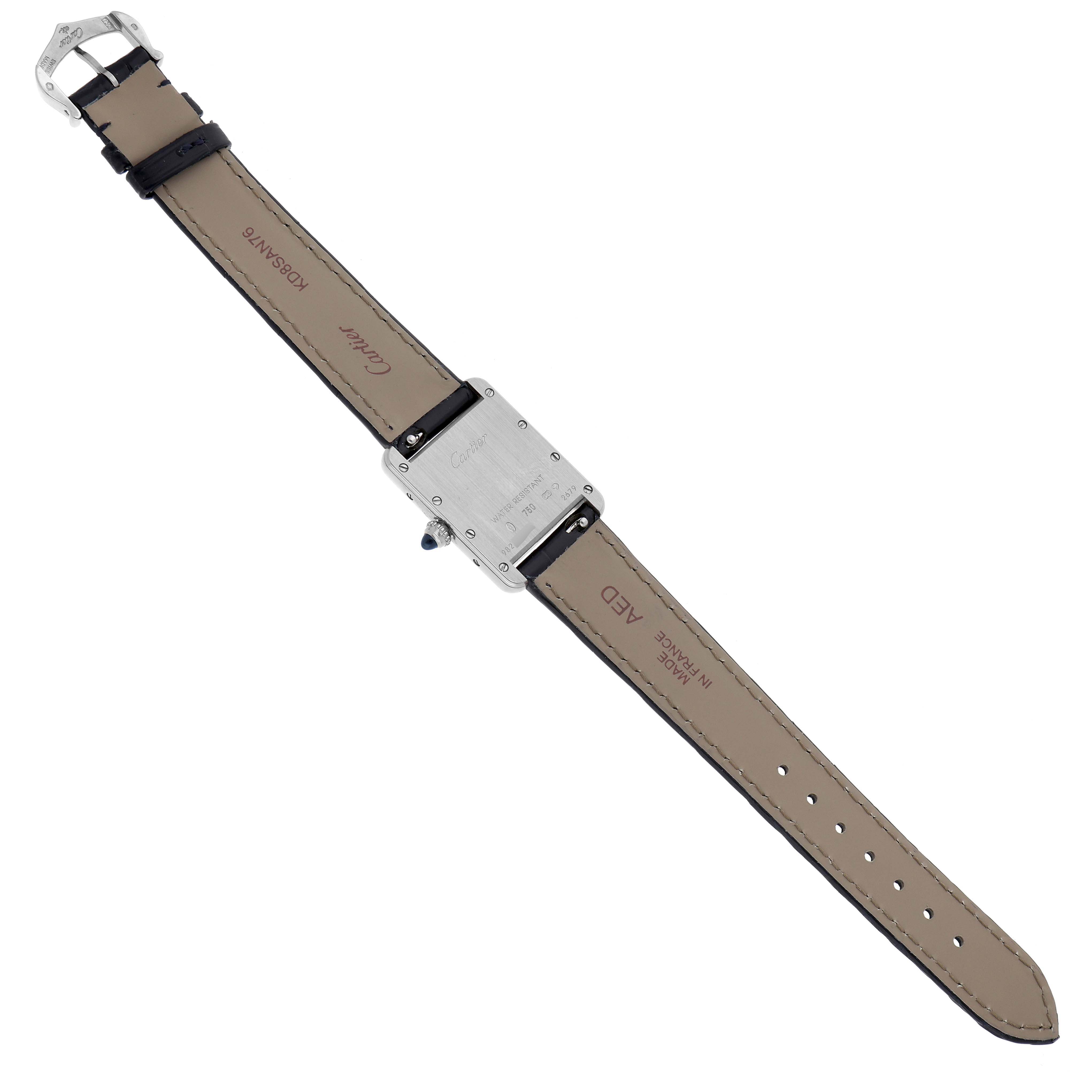 The image shows the back of a Cartier Tank Louis W1541056 Women's White Gold Silver Dial watch, displaying the case back, straps, and buckle.