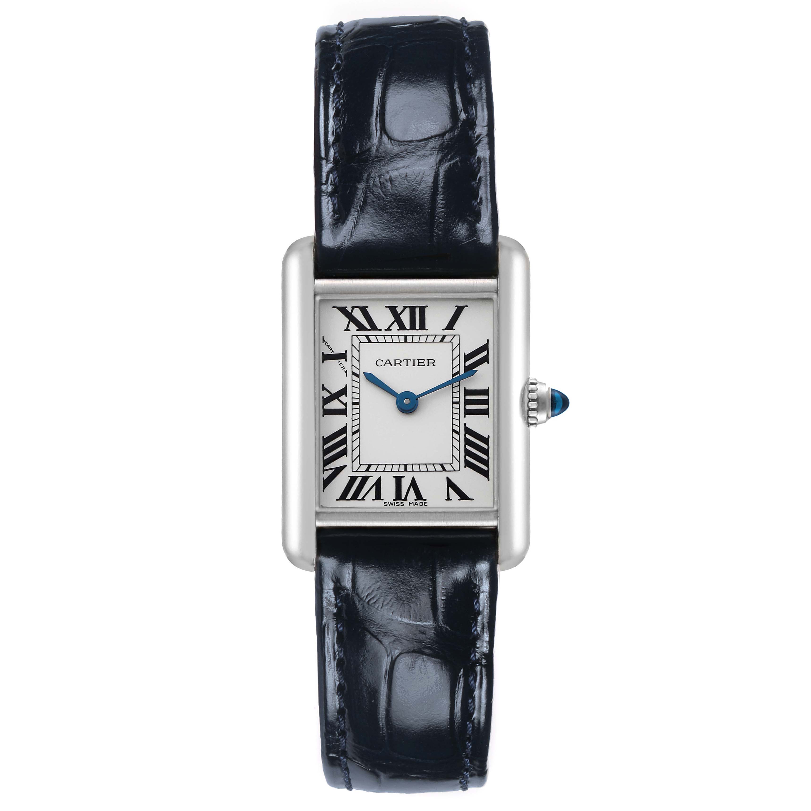 The Cartier Tank Louis W1541056 Women's White Gold Silver Dial watch is shown from the front, displaying its rectangular face, Roman numerals, and leather strap.