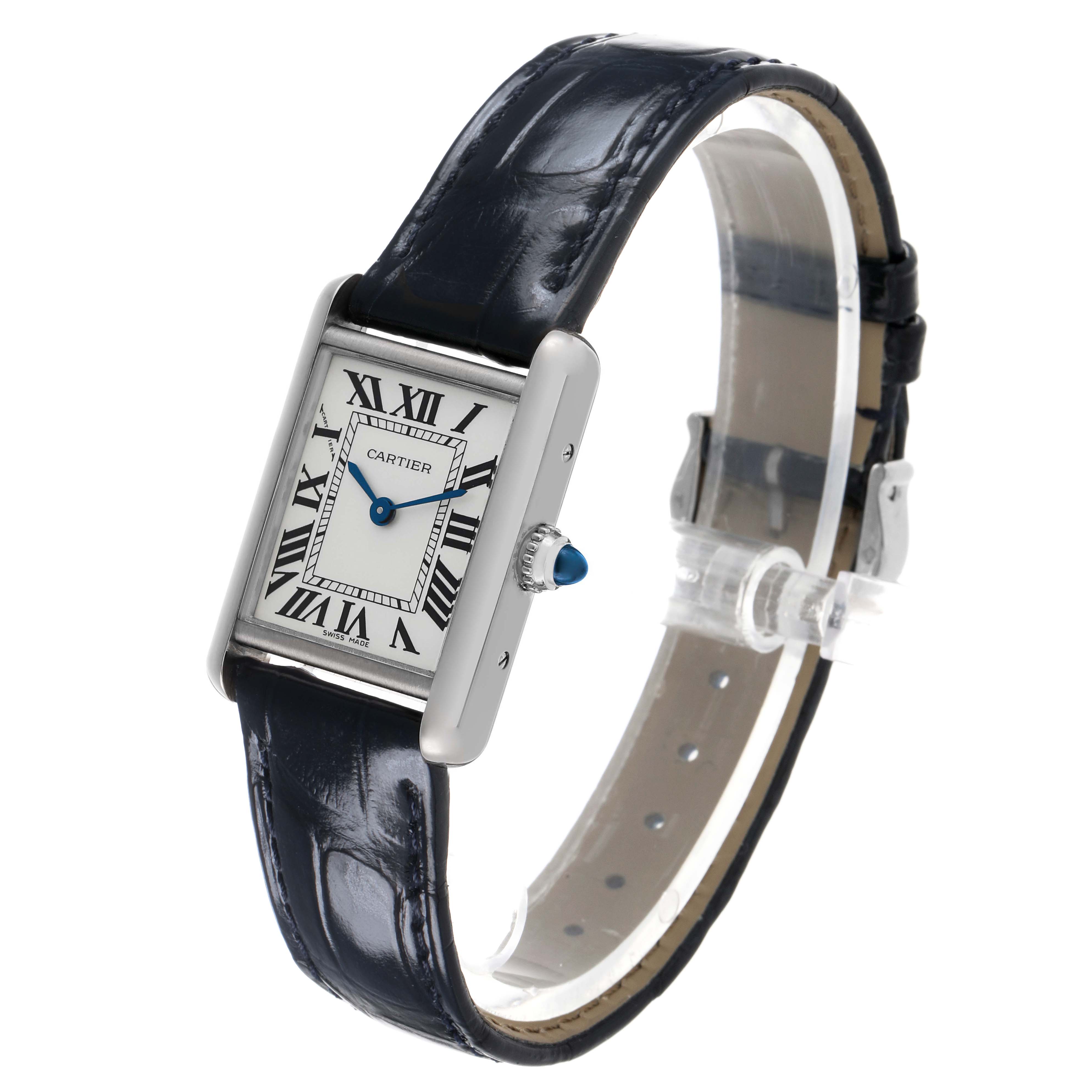 The Cartier Tank Louis W1541056 Women's White Gold Silver Dial watch is shown in a three-quarter view, highlighting its rectangular case, dial, and leather strap.