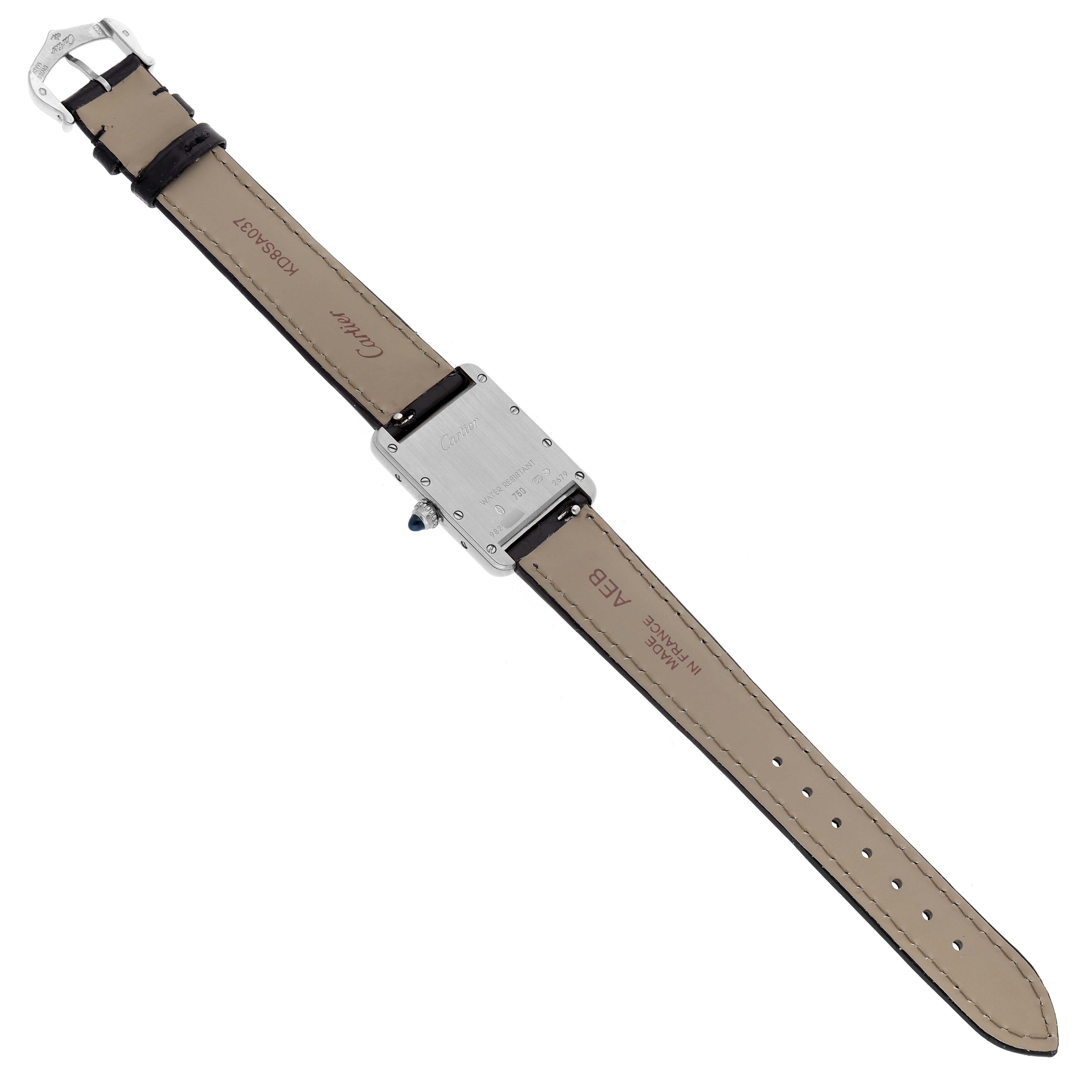 The image shows the back view of a Cartier Tank Louis W1541056 Women's White Gold Silver Dial watch, displaying the case back, buckle, and leather strap.