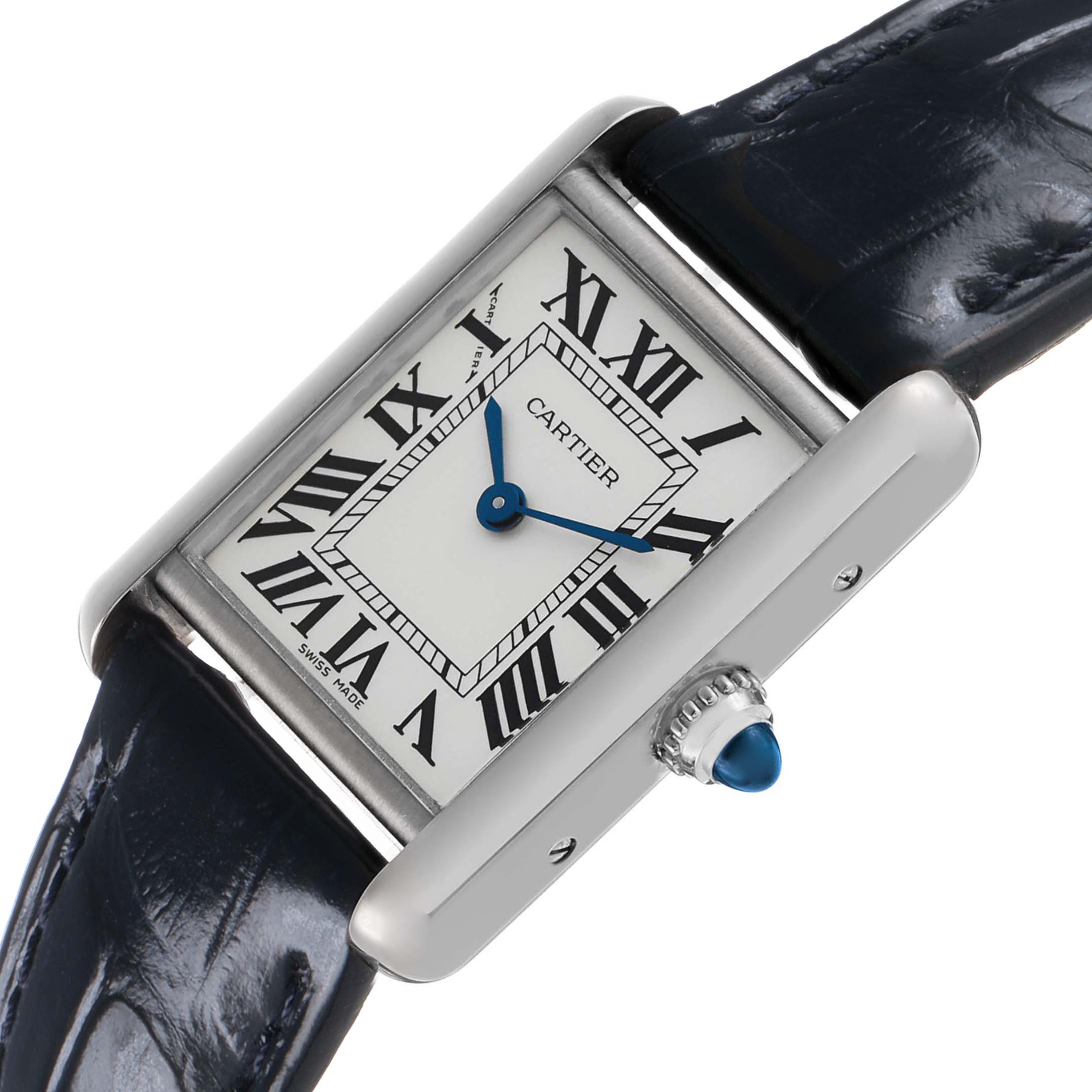The Cartier Tank Louis W1541056 Women's White Gold Silver Dial watch is shown from a front angle, highlighting its Roman numerals, blue hands, and distinctive crown.