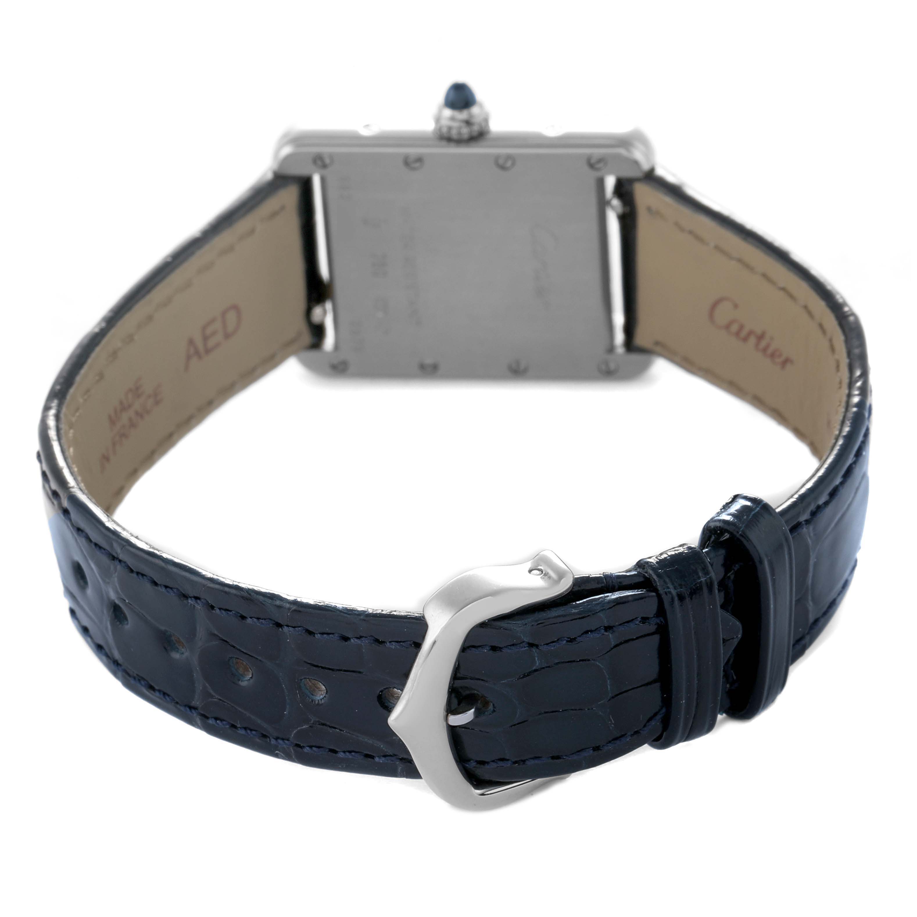 The image shows the back of the Cartier Tank Louis W1541056 Women's White Gold Silver Dial watch, focusing on the caseback, strap, and buckle.