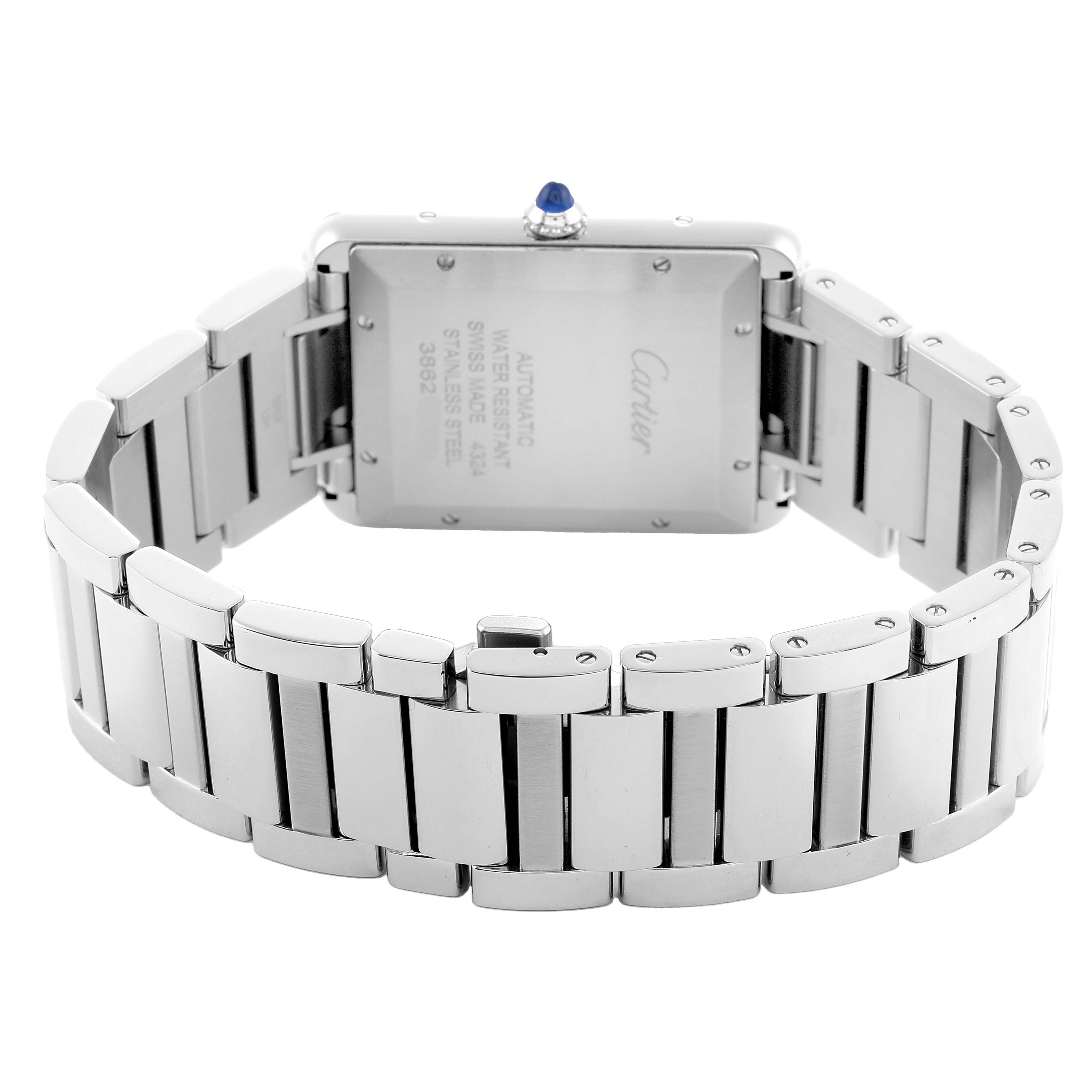 The Cartier Tank Must WSTA0053 Men's Stainless Steel Silver Dial is shown from the back, highlighting the case back, bracelet, and crown.