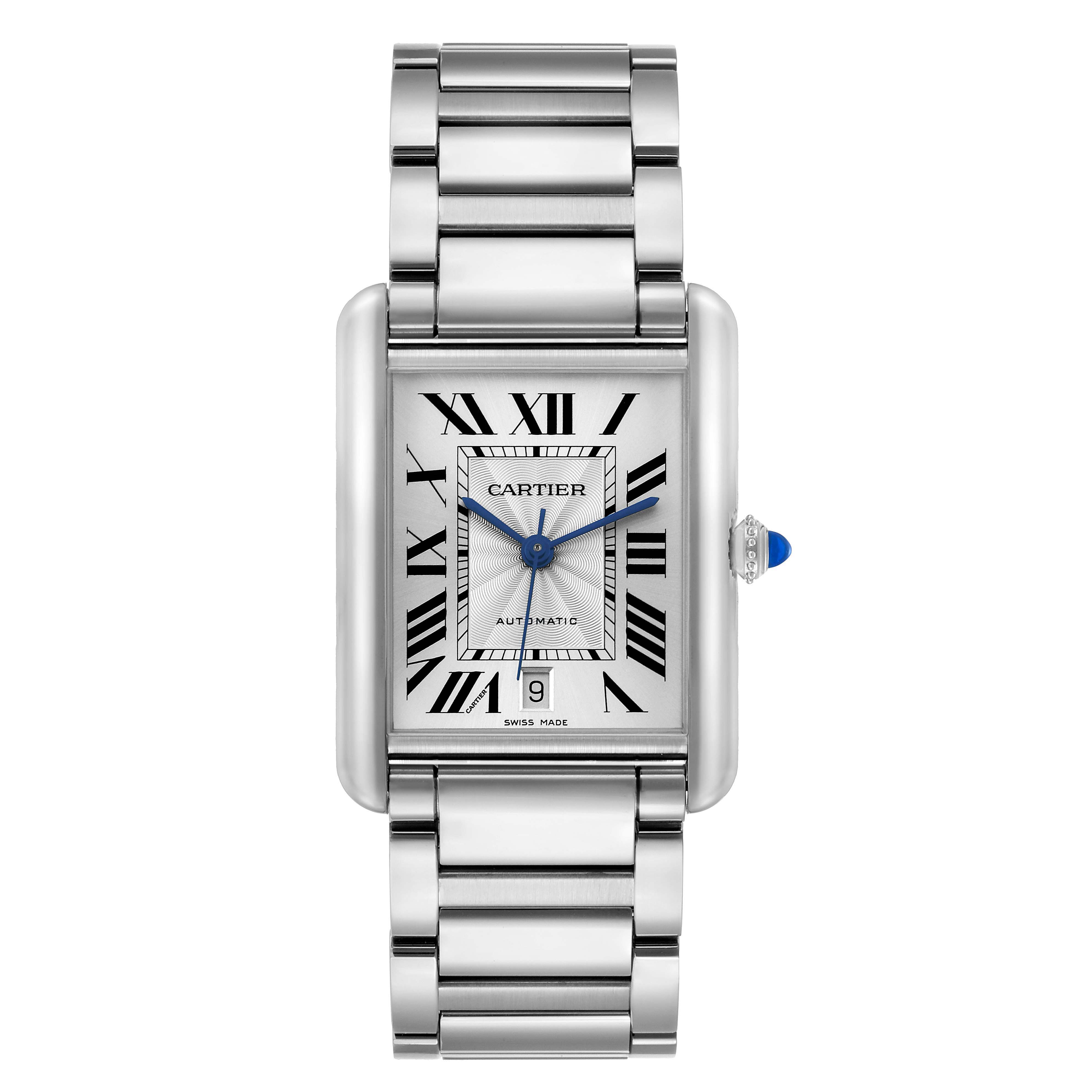 The Cartier Tank Must WSTA0053 Men's Stainless Steel Silver Dial watch is shown from the front, displaying its rectangular face, Roman numerals, and metal bracelet.