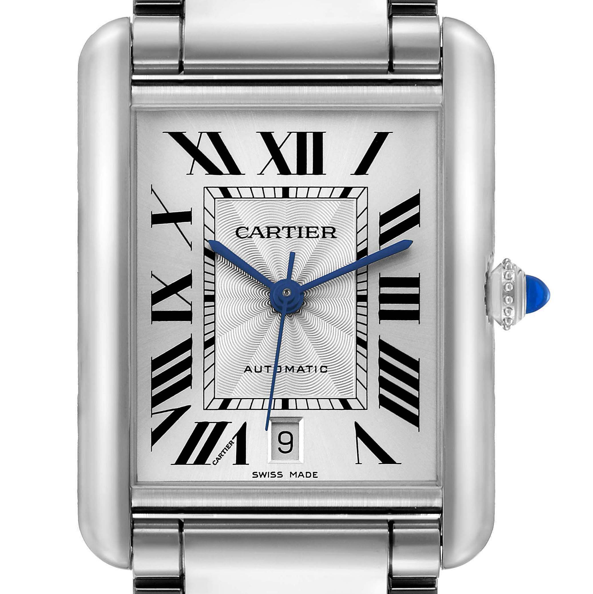 The Cartier Tank Must WSTA0053 Men's Stainless Steel Silver Dial watch is shown from the front, highlighting the face, hands, Roman numerals, and date window.