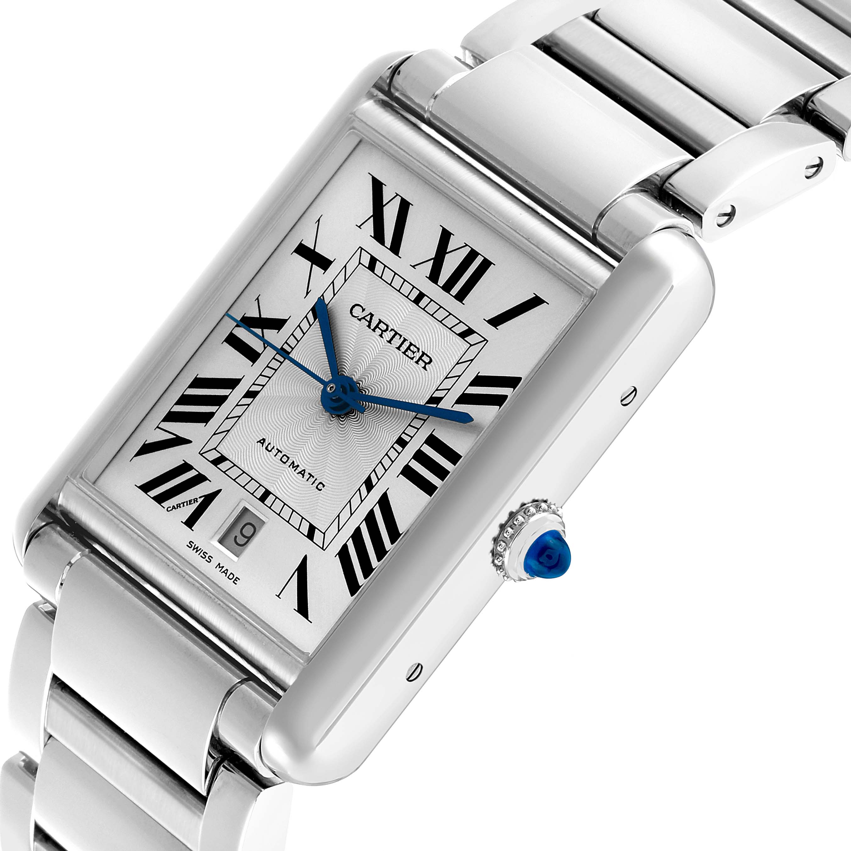 The Cartier Tank Must WSTA0053 Men's Stainless Steel Silver Dial watch is shown at an angled top-down view, highlighting the dial, bracelet, and crown.
