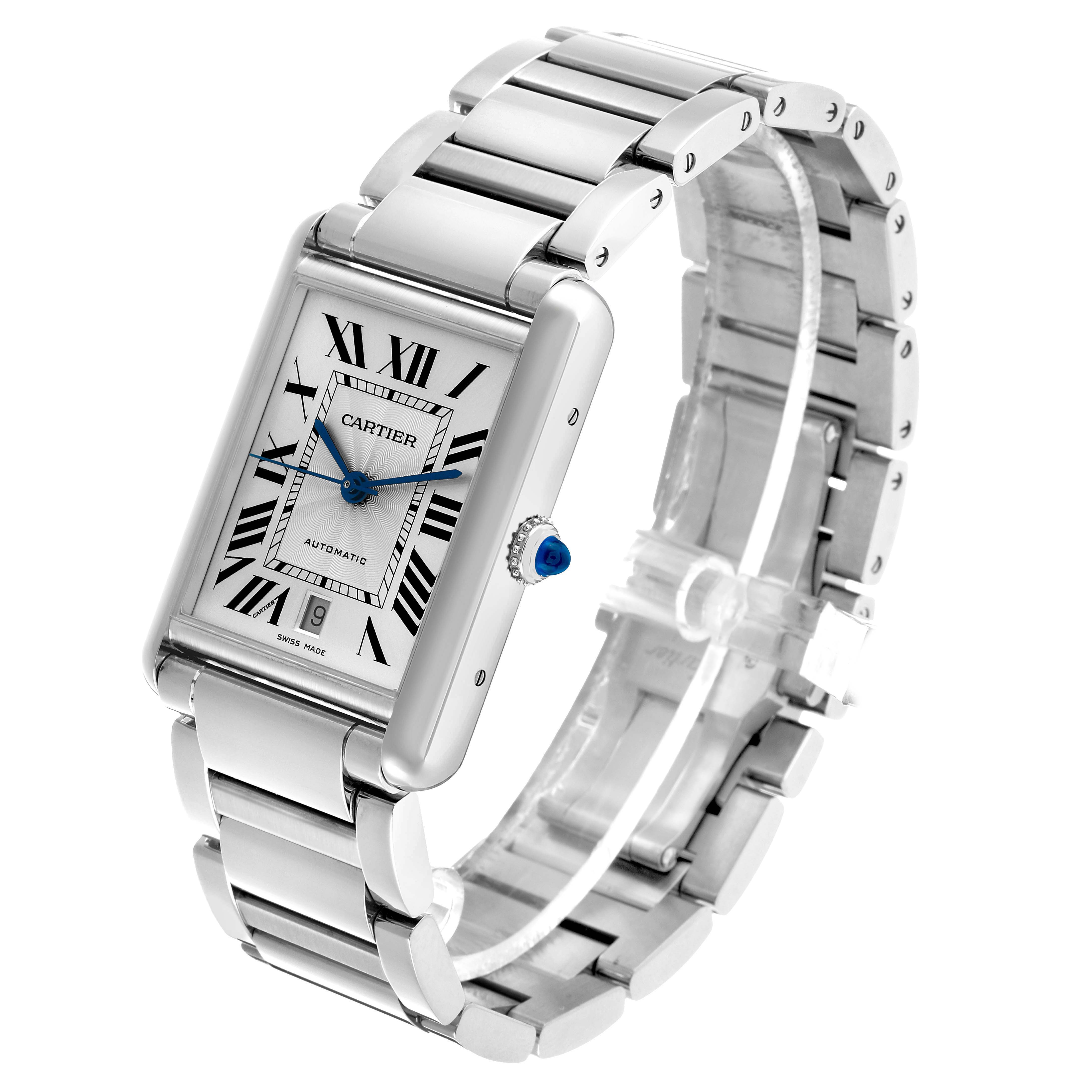 The Cartier Tank Must WSTA0053 Men's Stainless Steel Silver Dial watch is shown at an angle, displaying the face, crown, and stainless steel bracelet.