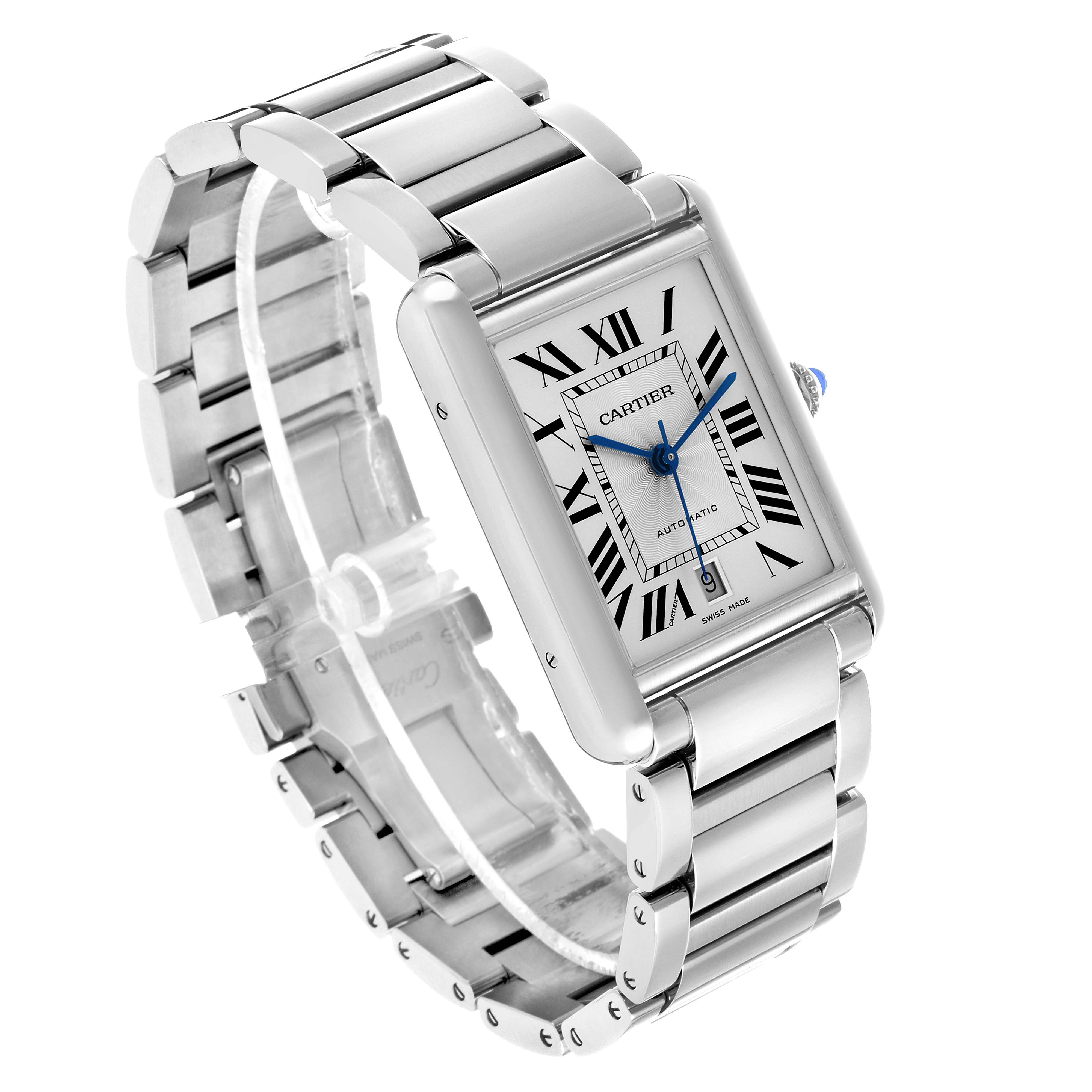 The Cartier Tank Must WSTA0053 Men's Stainless Steel Silver Dial watch is shown at a slight angle, displaying the face, rectangular case, and metal bracelet.