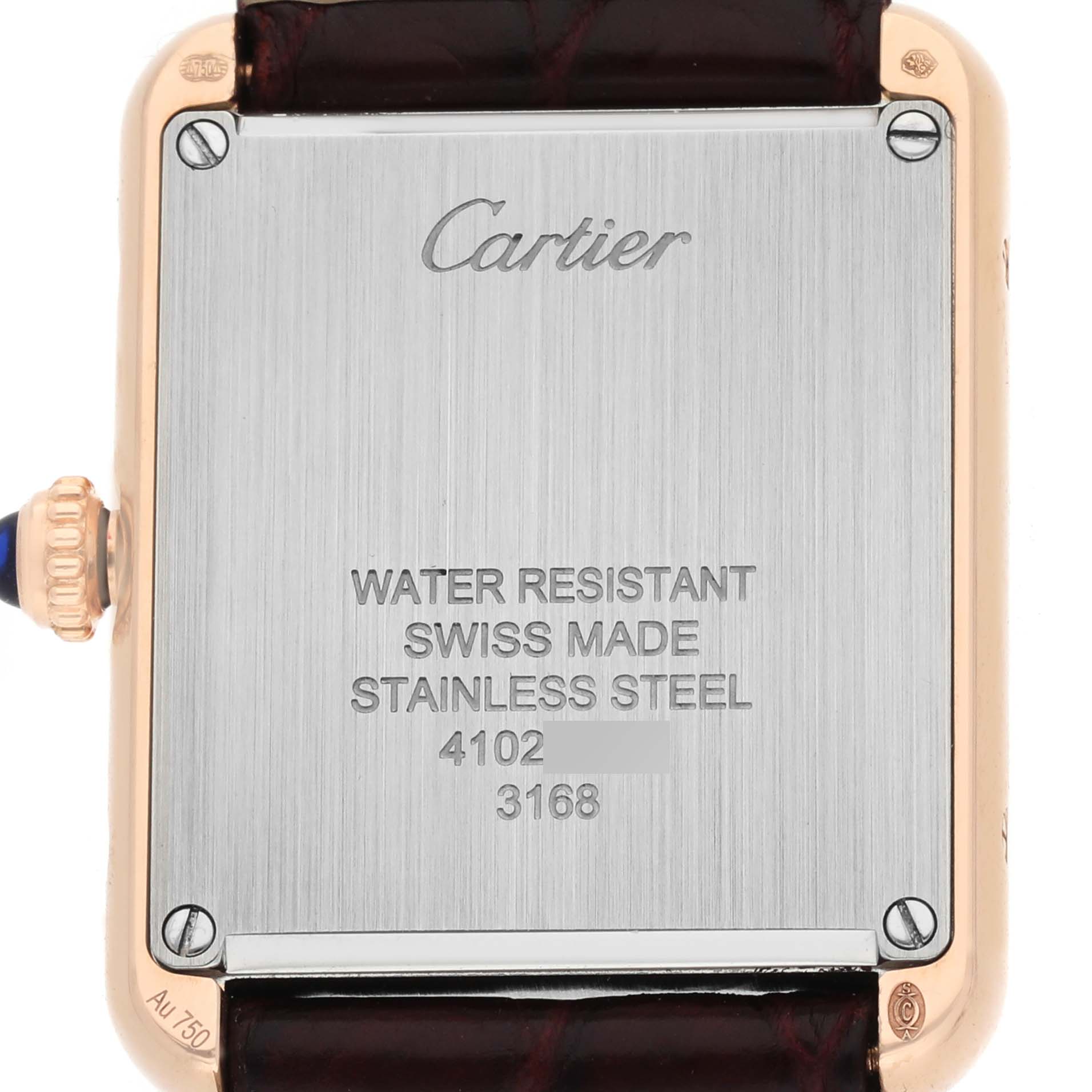 The image shows the back of the Cartier Tank Solo W5200024 Women's Rose Gold Silver Dial watch, featuring the case back, crown, and part of the strap.