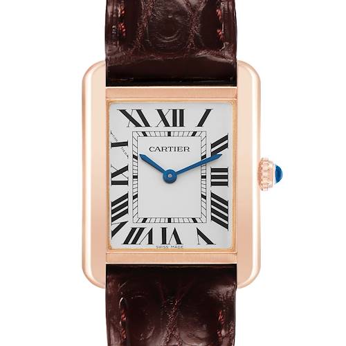 The Cartier Tank Solo W5200024 Women's Rose Gold Silver Dial watch is shown from the front, highlighting the face, Roman numerals, blue hands, case, and crown.