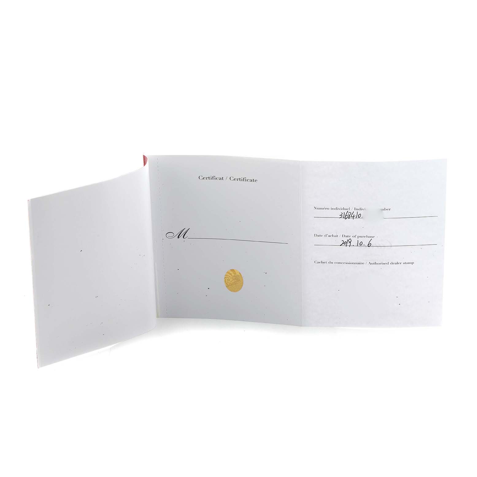 The image shows the open certificate booklet for a Cartier Tank Solo W5200024 Women's Rose Gold Silver Dial watch.