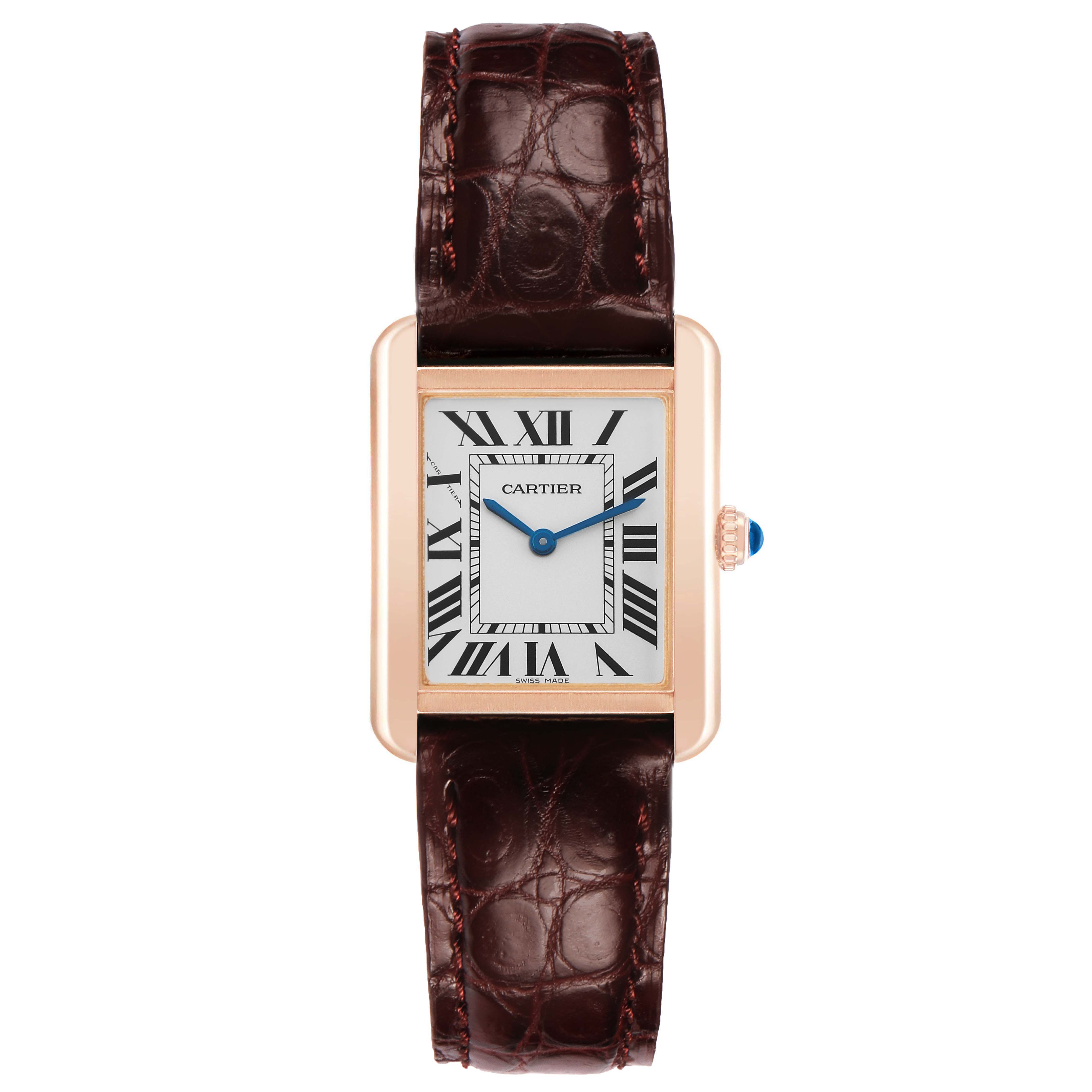 The Cartier Tank Solo W5200024 Women's Rose Gold Silver Dial watch is shown from the front, displaying its rectangular case, Roman numerals, and leather strap.
