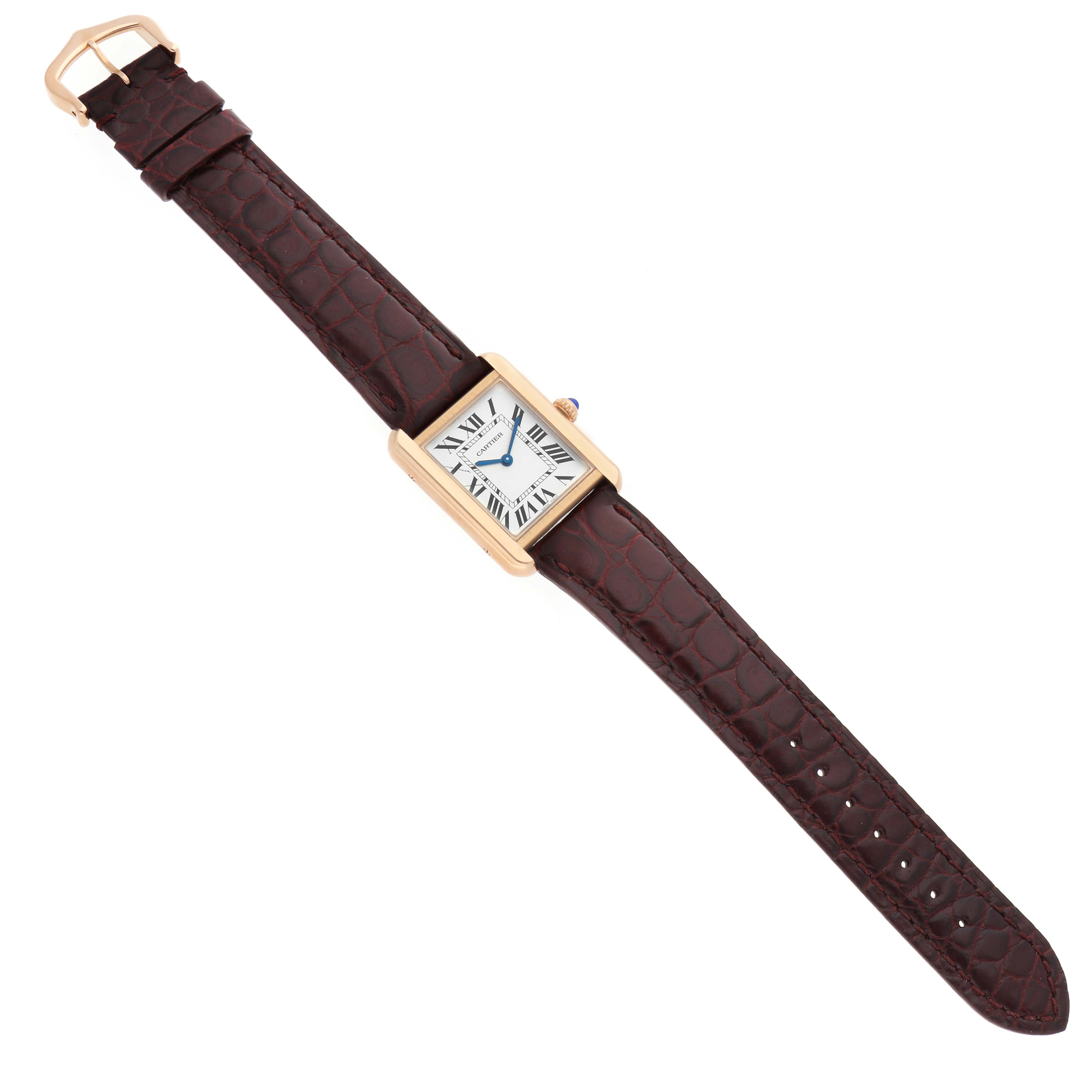 The Cartier Tank Solo W5200024 Women's Rose Gold Silver Dial watch is shown at an angle, displaying the face, rectangular case, and brown leather strap.