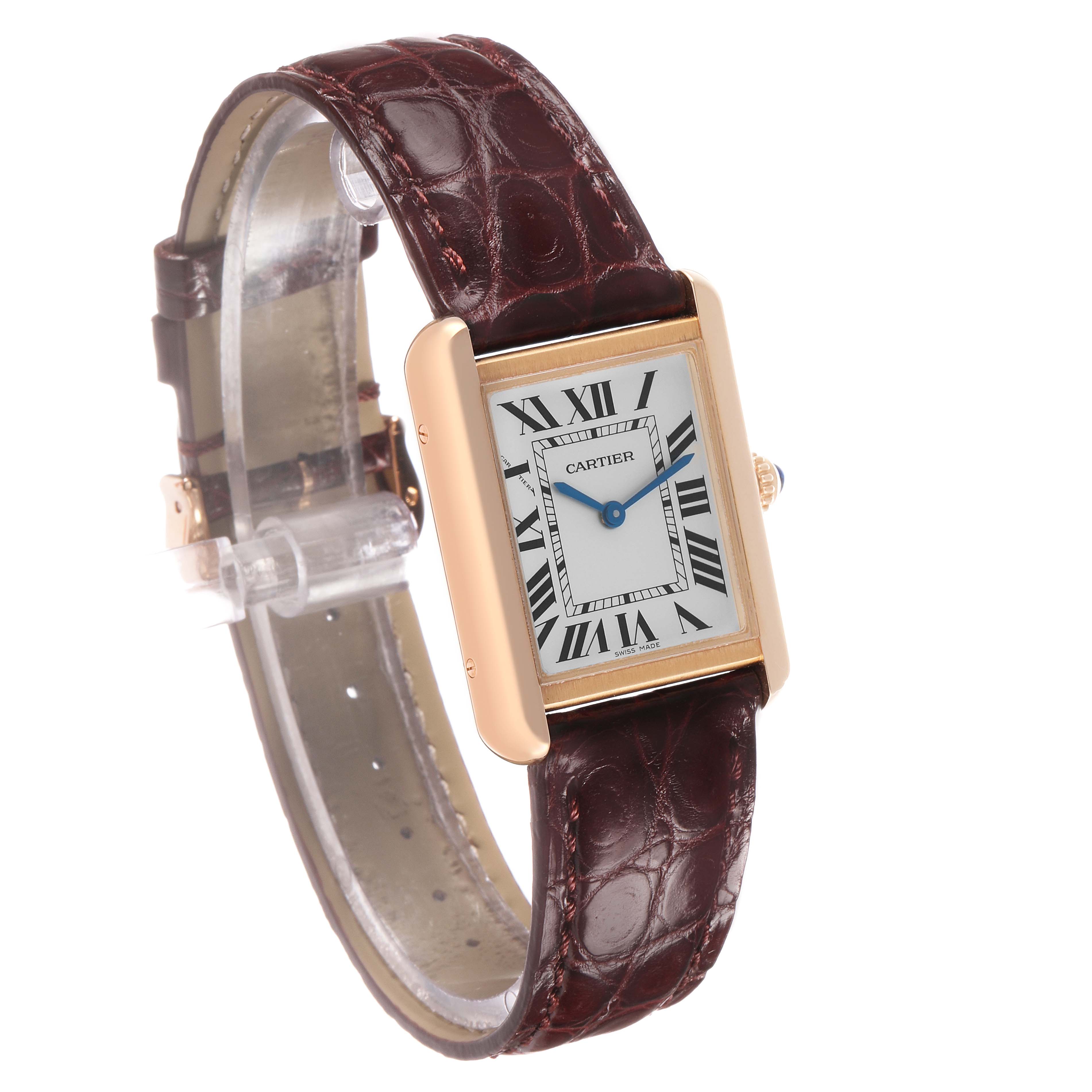 The Cartier Tank Solo W5200024 Women's Rose Gold Silver Dial watch is shown at a three-quarter angle, highlighting its rectangular face, Roman numerals, crown, and leather strap.