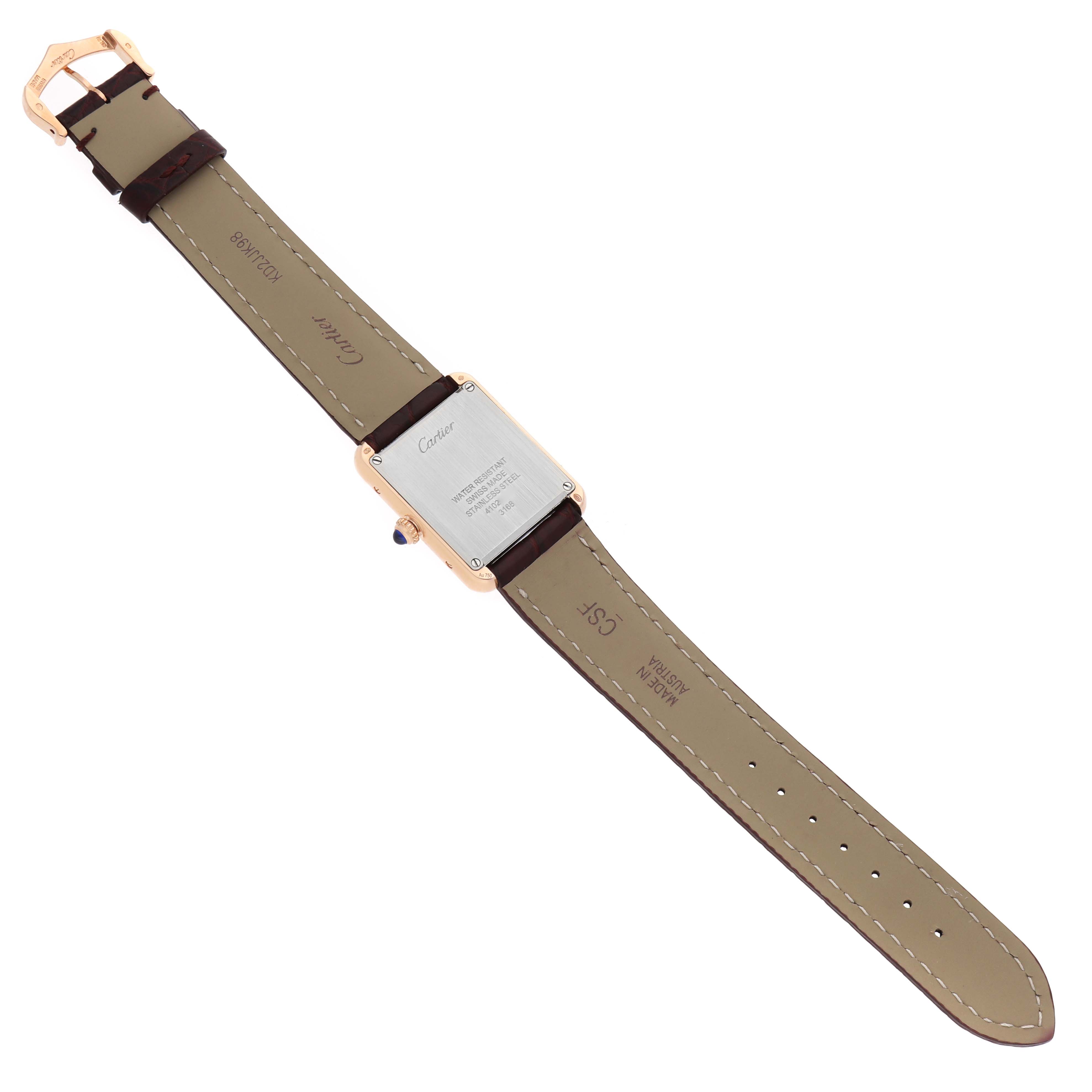 The Cartier Tank Solo W5200024 Women's Rose Gold Silver Dial watch is shown from the back, displaying the strap, buckle, and case back.