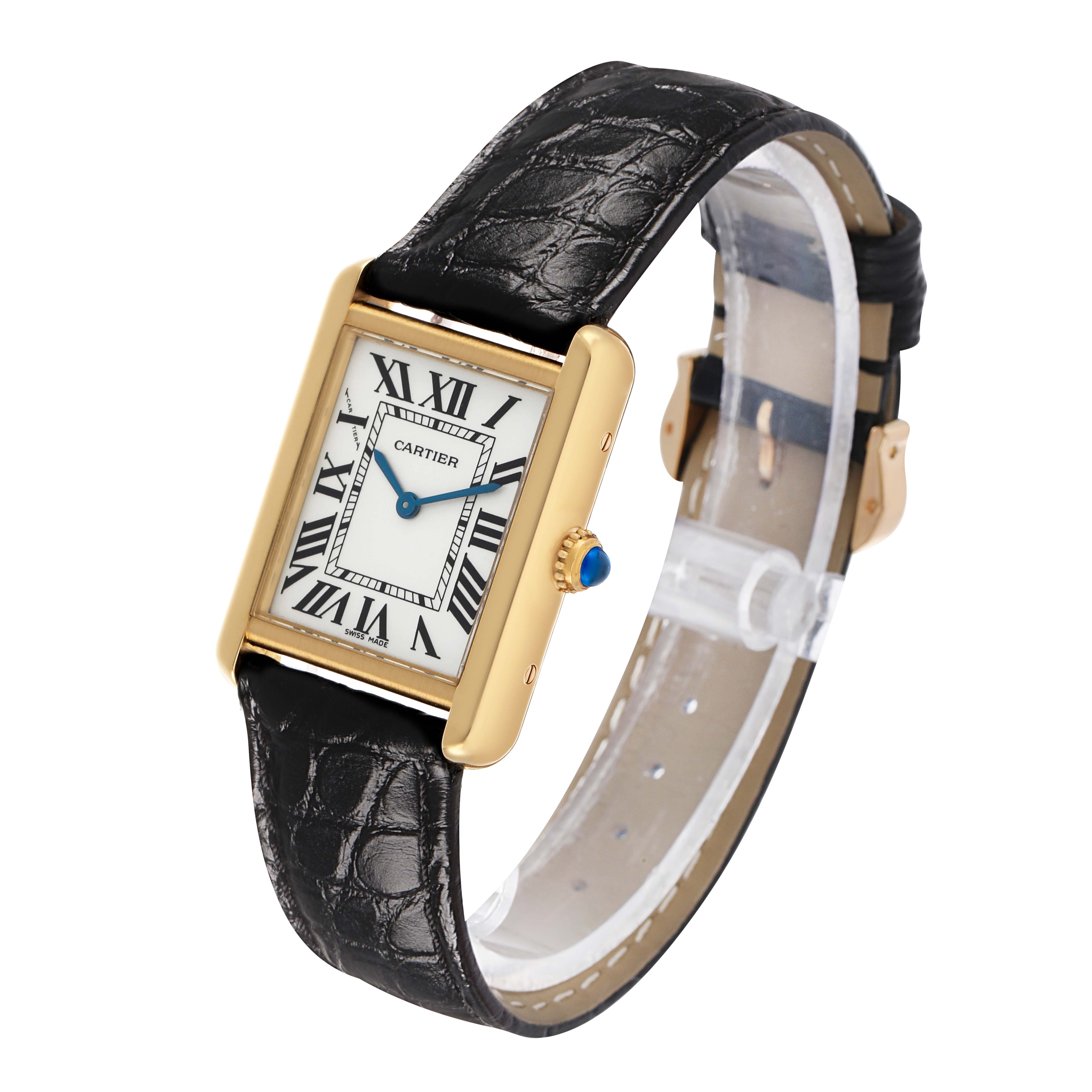 The Cartier Tank Solo W1018755 Women's Yellow Gold Silver Dial watch is shown at a slight angle, displaying its rectangular face, Roman numerals, and leather strap.