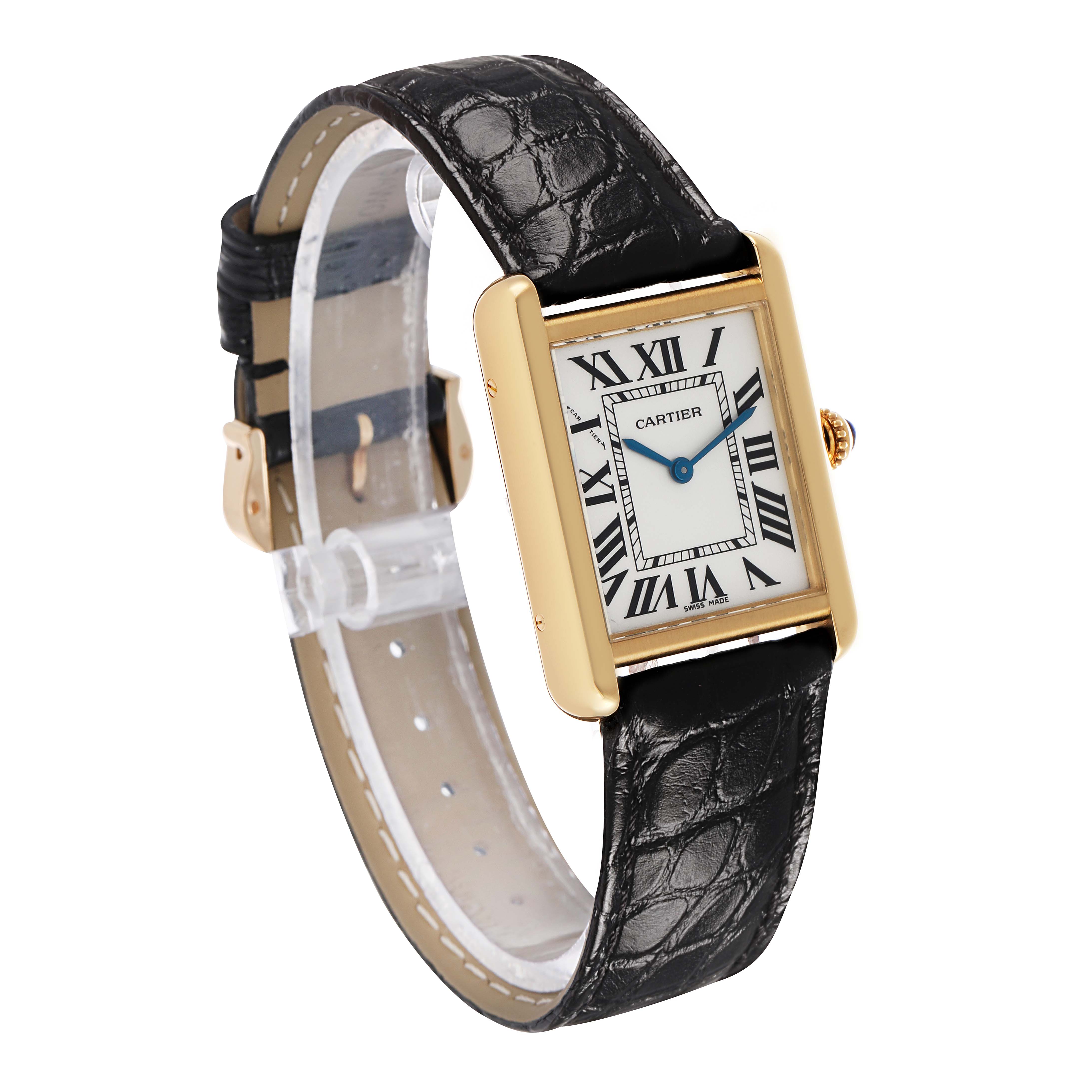 The Cartier Tank Solo W1018755 Women's Yellow Gold Silver Dial watch is shown at a three-quarter angle, highlighting its gold case, black leather strap, and Roman numeral dial.
