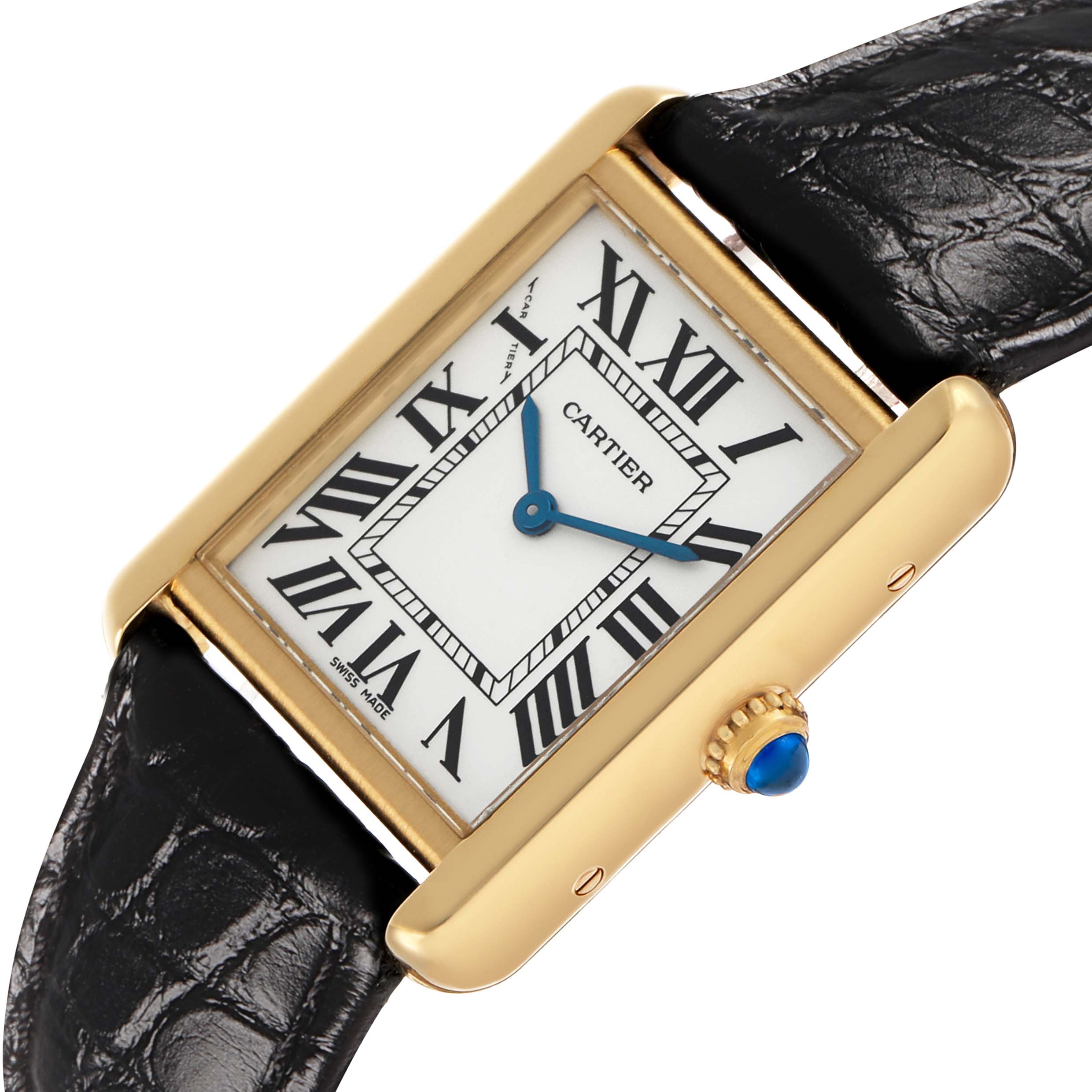 The Cartier Tank Solo W1018755 Women's Yellow Gold Silver Dial watch is shown at a tilted angle, highlighting the rectangular face, gold case, black leather strap, and blue sapphire crown.