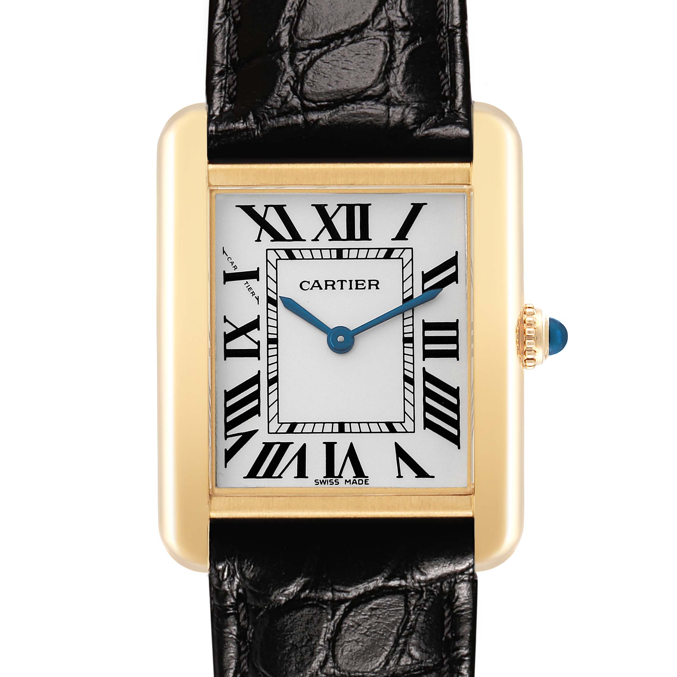 The Cartier Tank Solo W1018755 Women's Yellow Gold Silver Dial watch is shown from the front, highlighting its rectangular face, Roman numerals, blue hands, and leather strap.